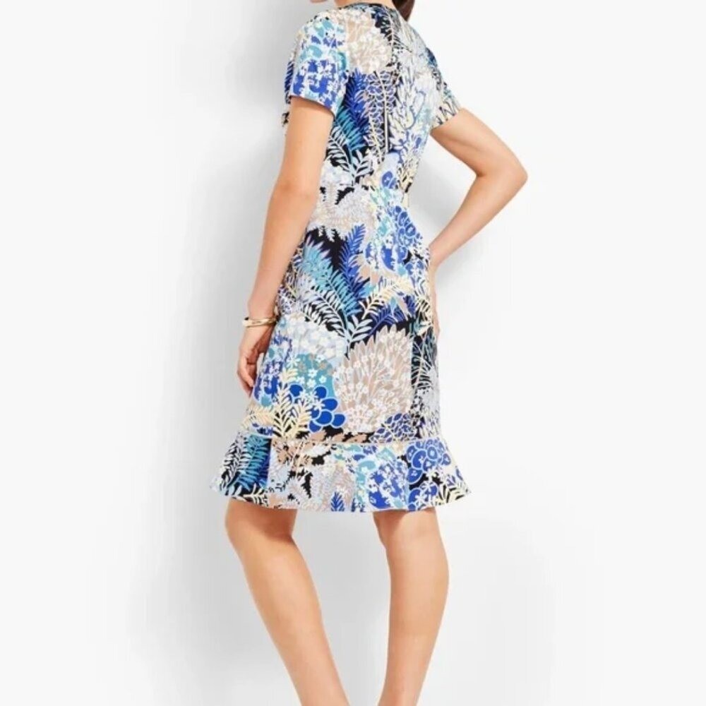 Talbots Botanical Garden Cotton Shift Dress Tan Blue Flounce Hem (Size 16P)