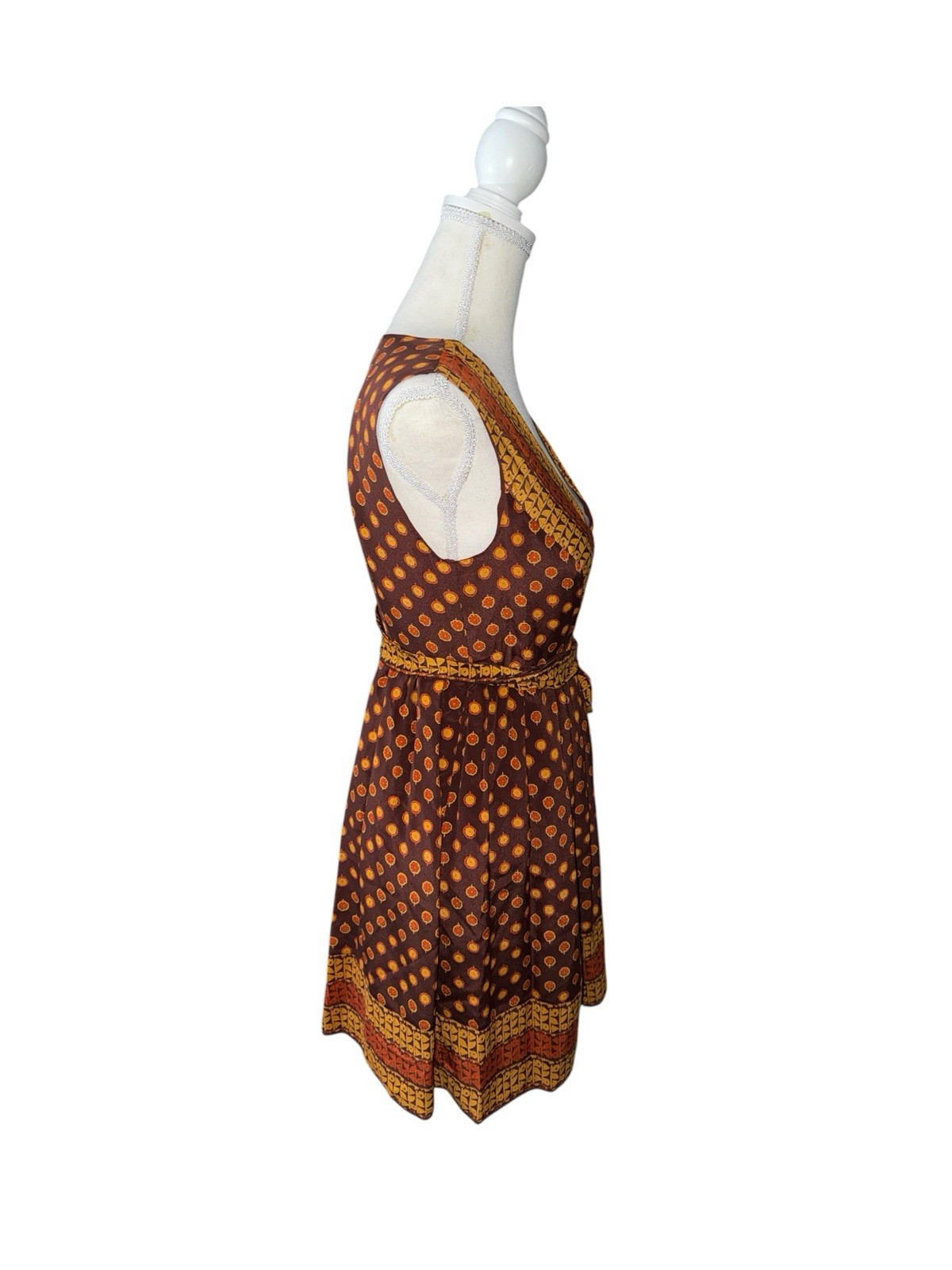 Anna Sui Silk Chiffon Wrap Dress Polka Dot Brown Orange Yellow Lined S