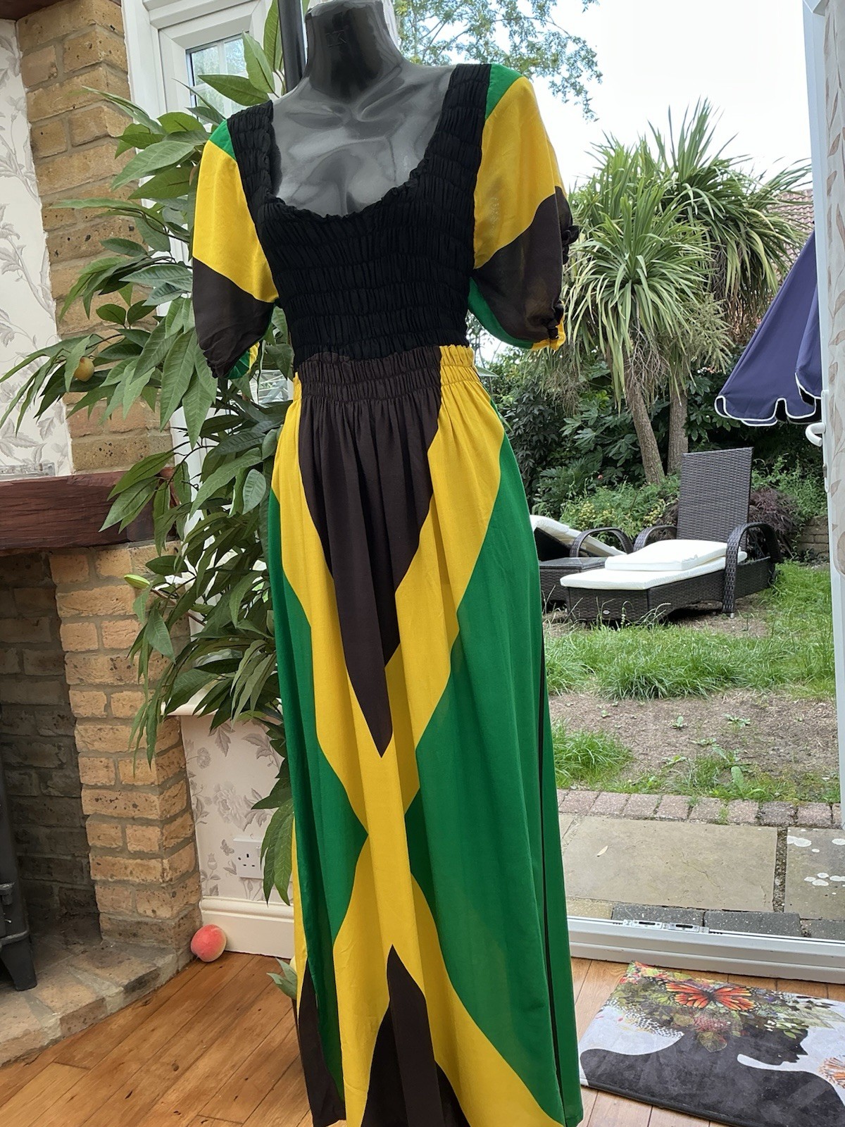 NEW ARRIVAL….HANDMADE…JAMAICAN FLAG COLOUR PRINT, LONG DRESS…Size 14-16