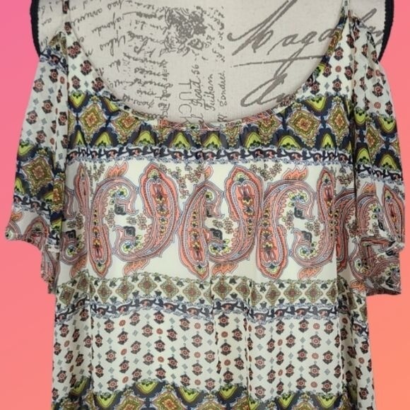 Paisley Cold Shoulder Hi-Lo Fully Lined Cream Peach Multicolor Dress