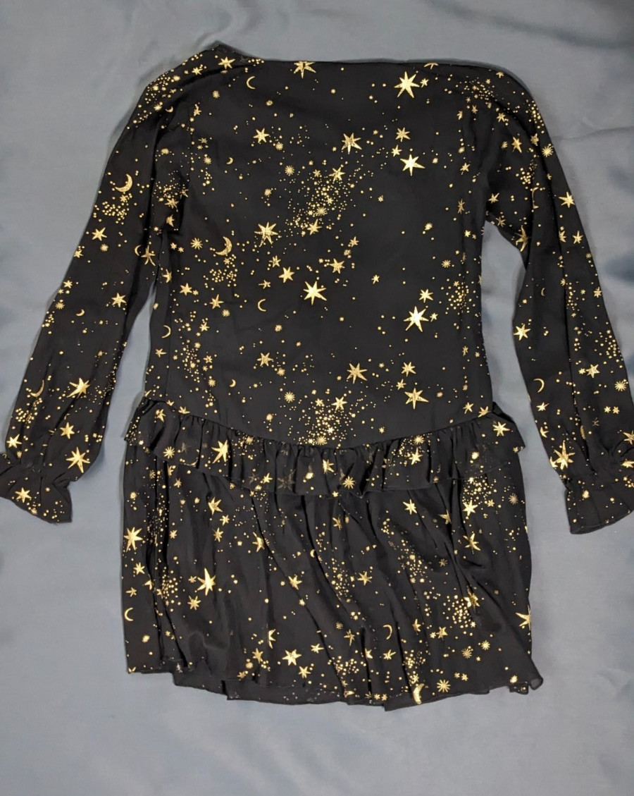 Black V-Neck Celestial Dress Gold Foil Constellation Print Small