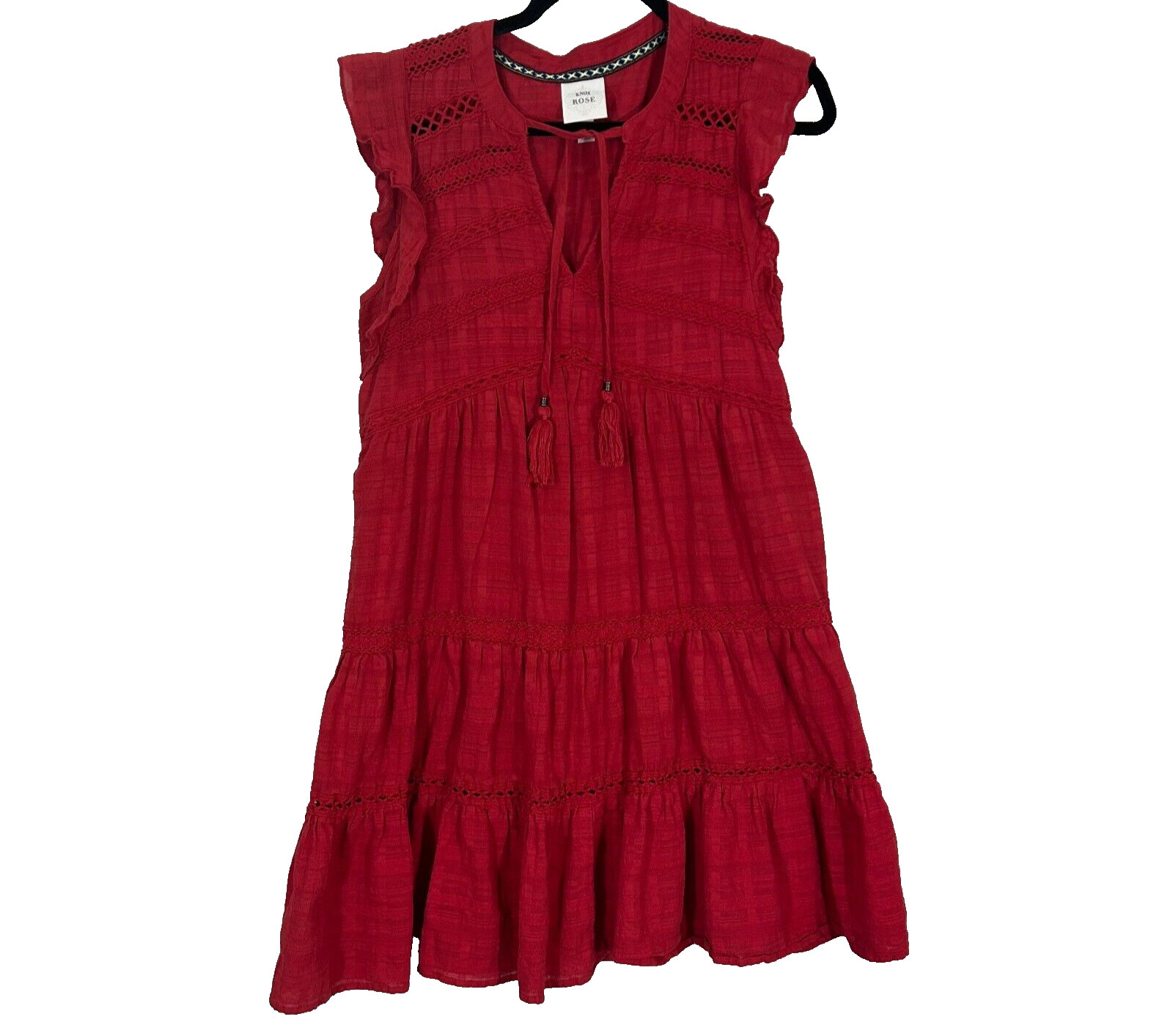 Knox Rose Dress Medium Knee Length Red Tiered Ruffle Tasseled Peasant Boho