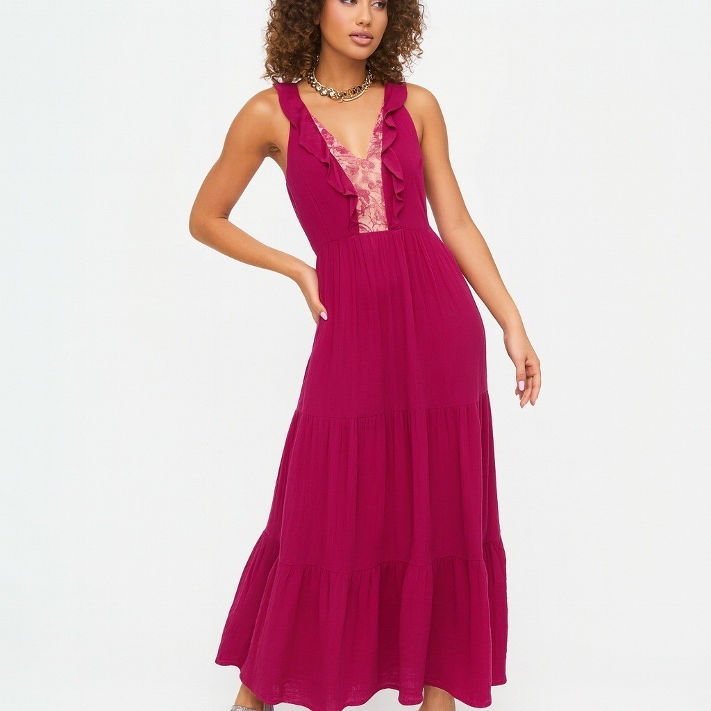 SALONI Suzi Berry Crinkle Crepe Lace Maxi Dress Size 6 NWT