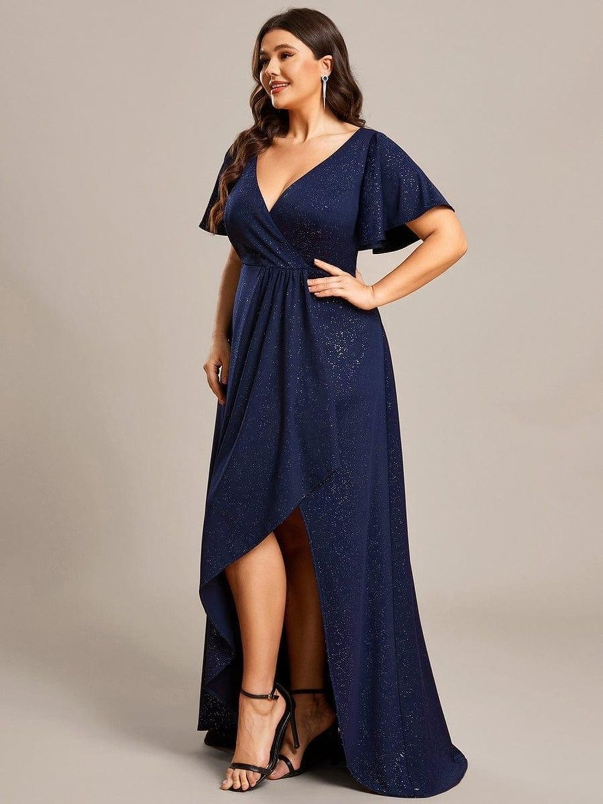 Pretty Melode Plus Size Glitter Ruffled High-Low Front Slit Evening Gown Dress