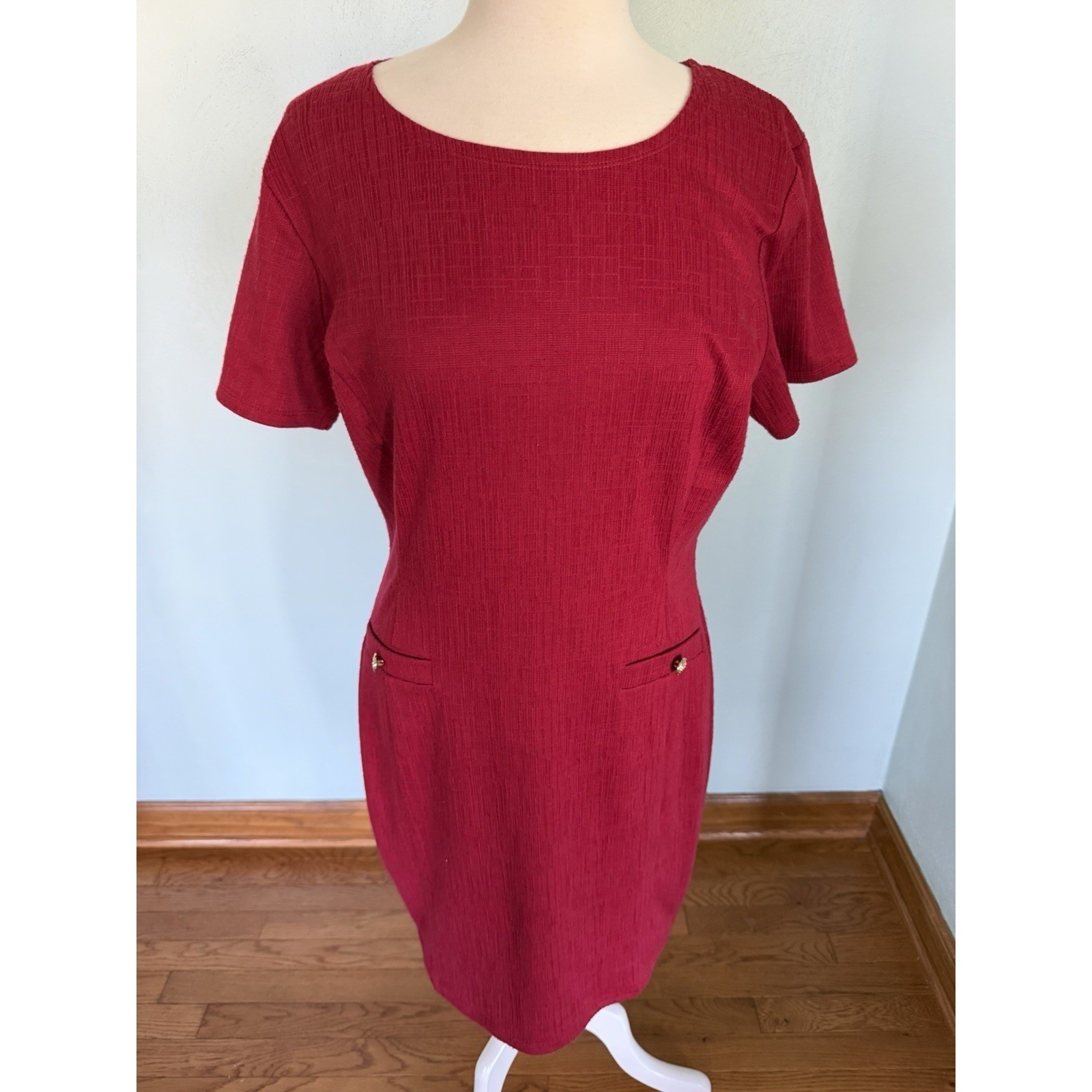 Office Siren Red Career Shift Dress Office Conference Pencil gold Buttons Sz 14