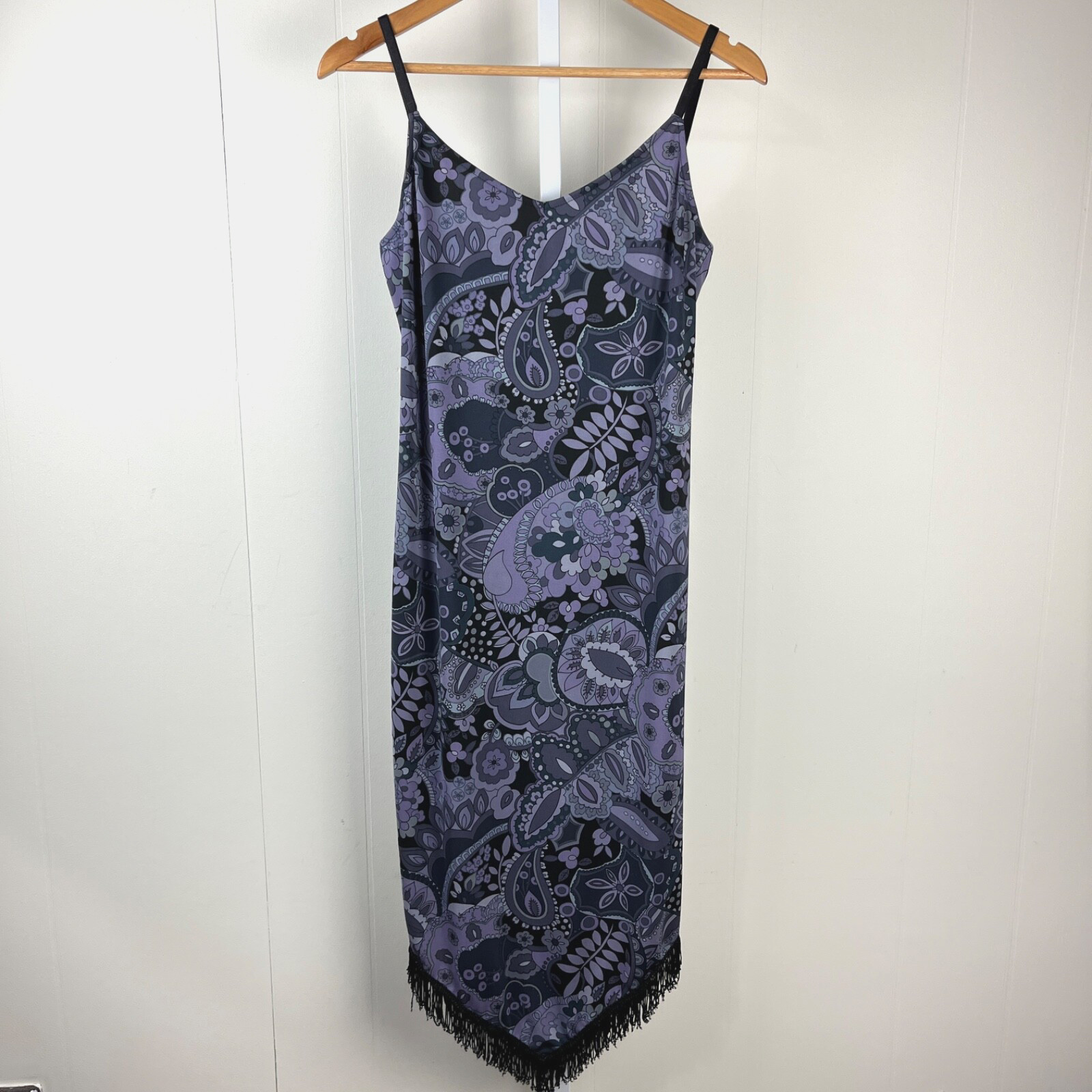 Wanted Clothing Co Y2K Slip Dress L Black Purple Paisley Fringe Witchy Fairy