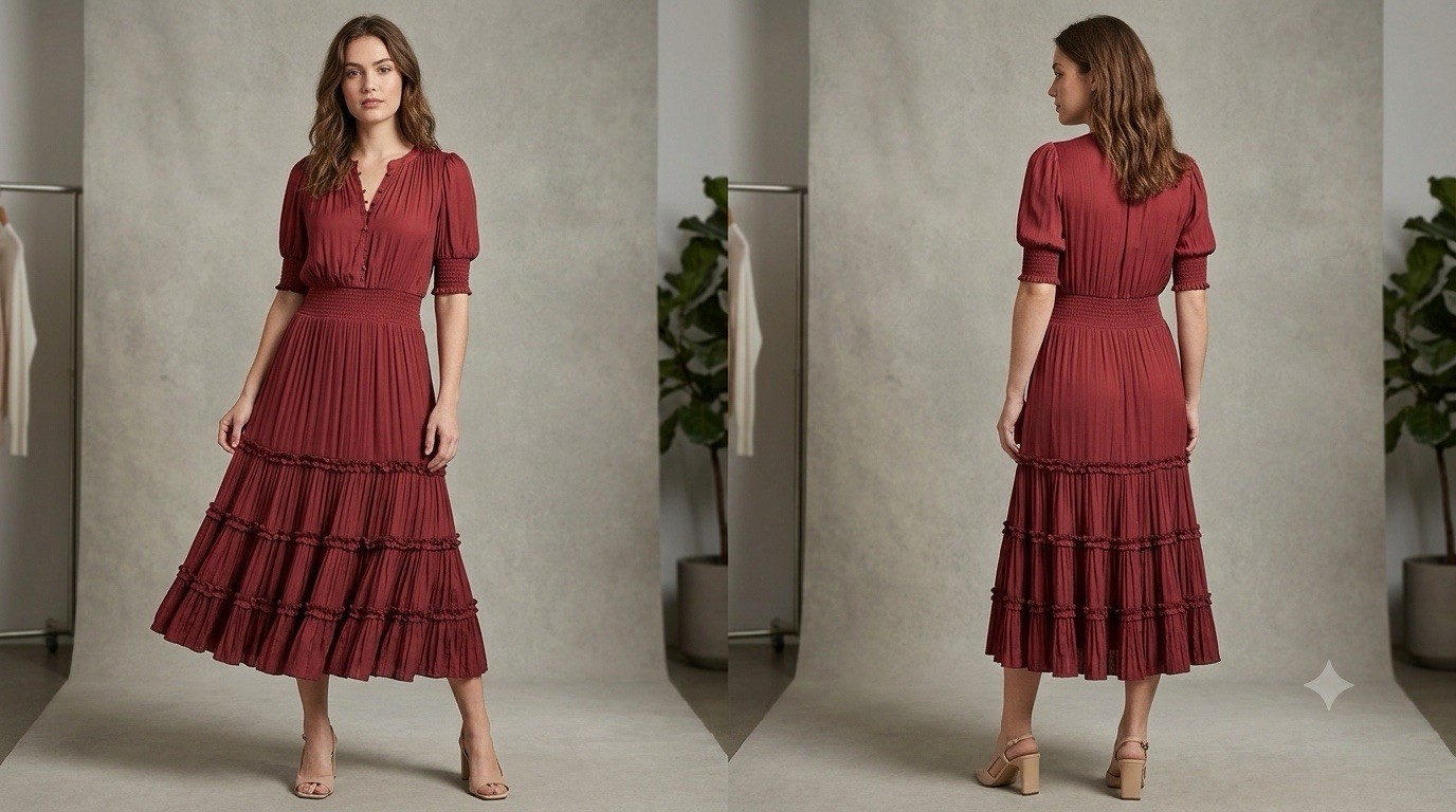 Elie Tahari Cute Burgundy Smocked Tiered Midi Dress xs