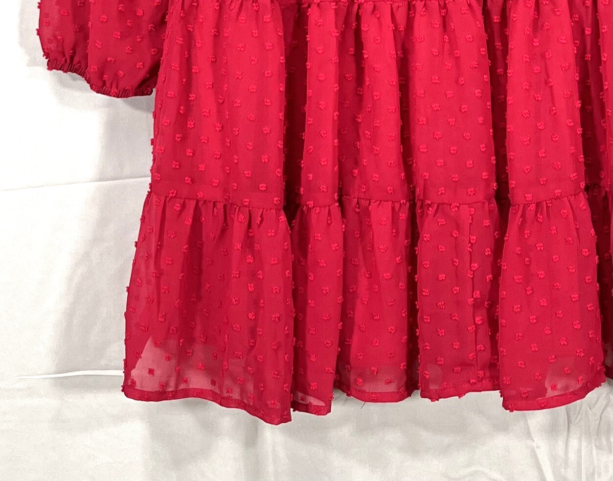 FRANCESCA’S Mi Ami RUBY RED Swiss Dot Chiffon SHEER BACK/SLEEVES Tiered Dress M