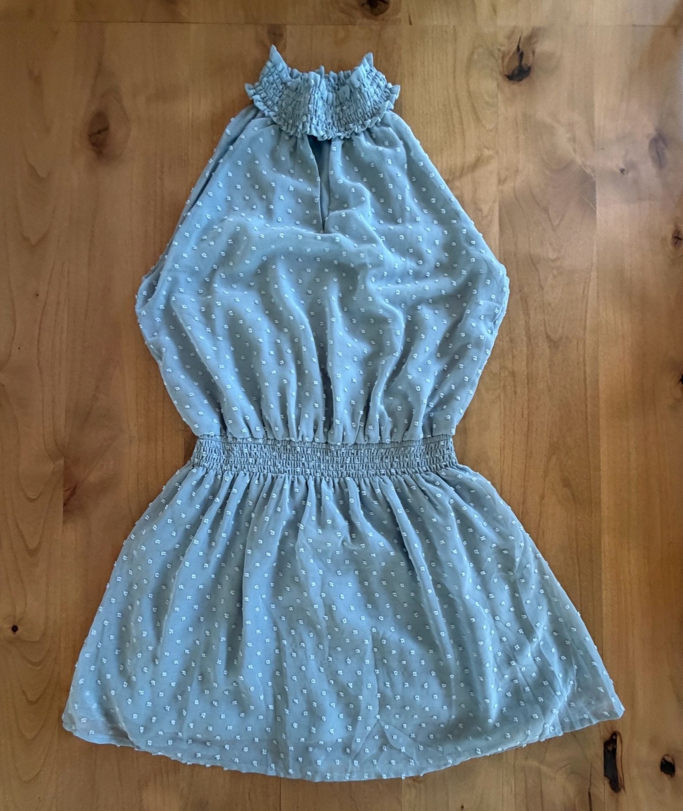 Clip Dot Halter Neck Smocked Waist Mini Dress