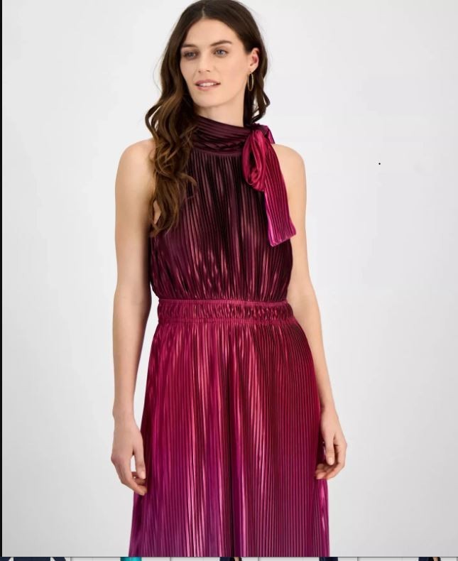 NWT AK Ann Klein Women Mauve Pink Pleated Bow-Neck Midi Dress Lined Sz 6 8