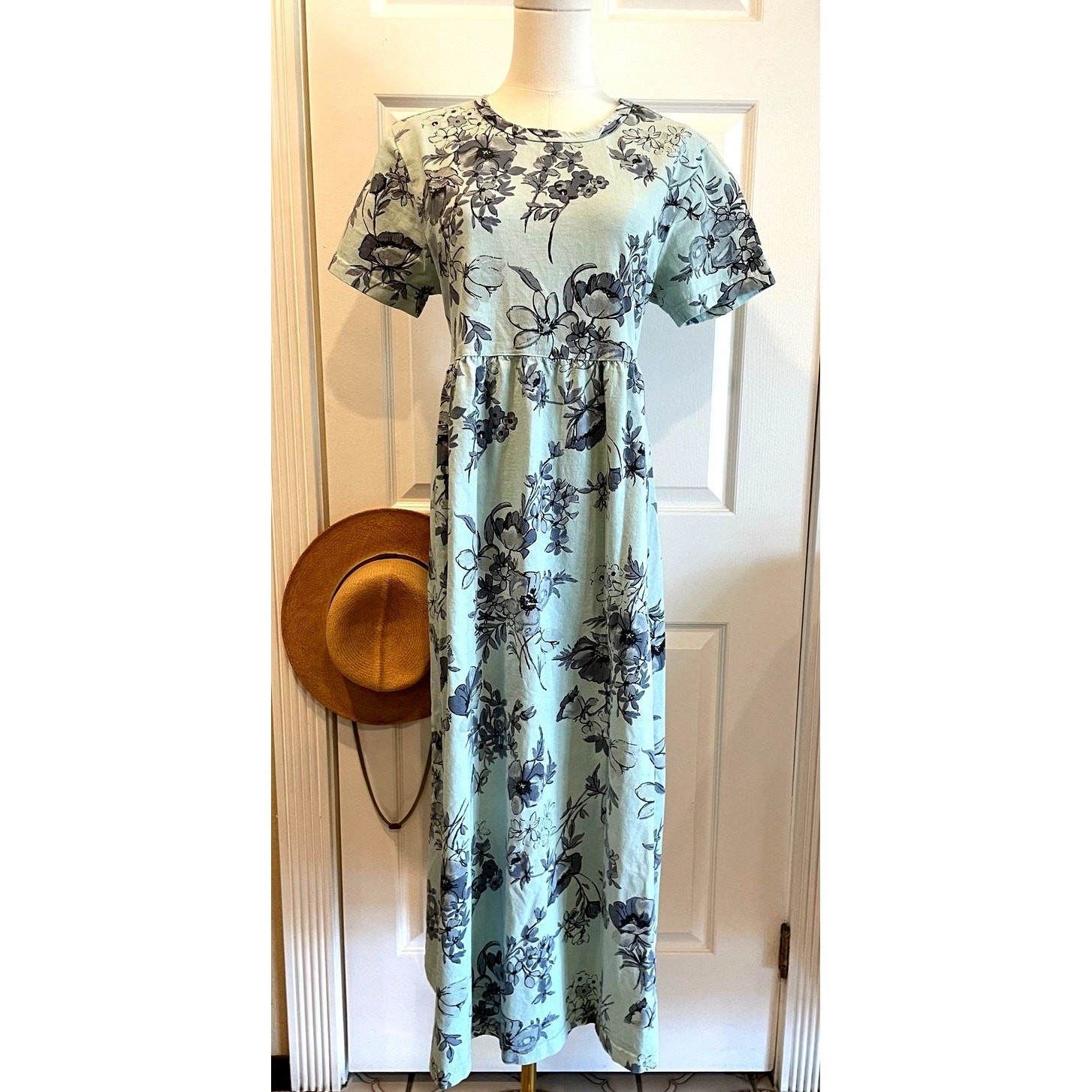 Vintage 90s Varsity Sport Cotton Floral Maxi Dress Empire Tie Waist M USA