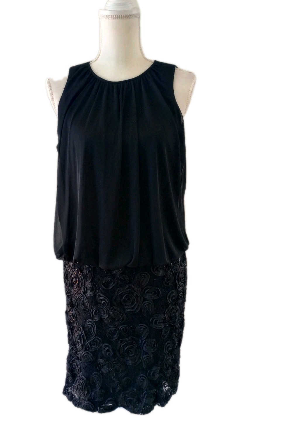 Blouson Dress Black Size 12 Sleeveless Textured Rosette Floral Holiday Party