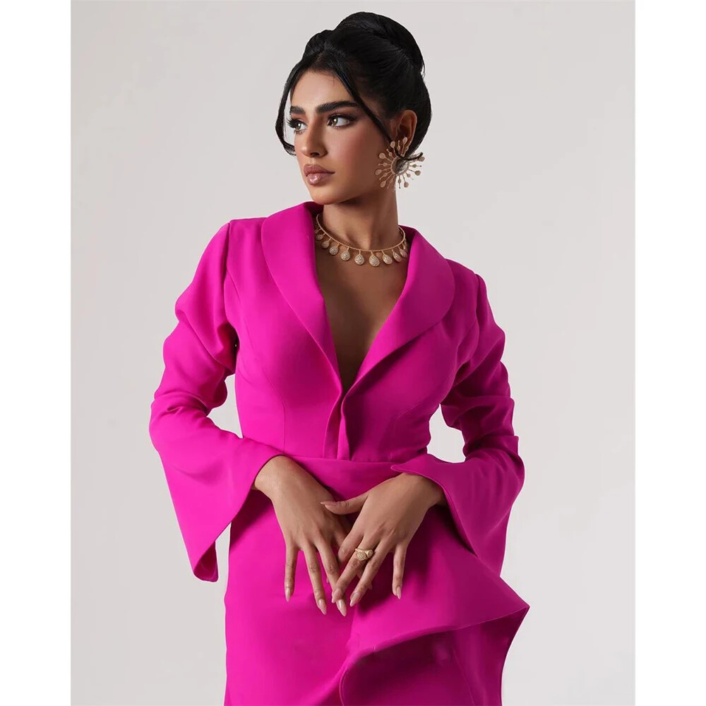 Simple V-neck A-line Evening Dresses New Fashion Long Sleeved Floor Length
