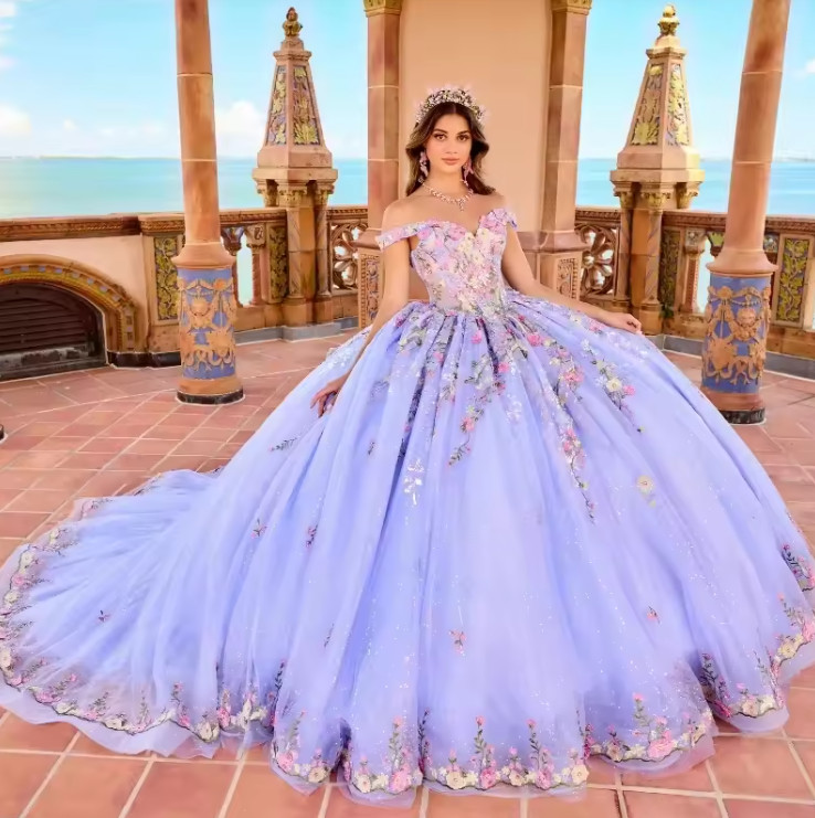 Lavender Shiny Quinceanera Dress Ball Gown Beaded Off Shoulder 3D Flowers