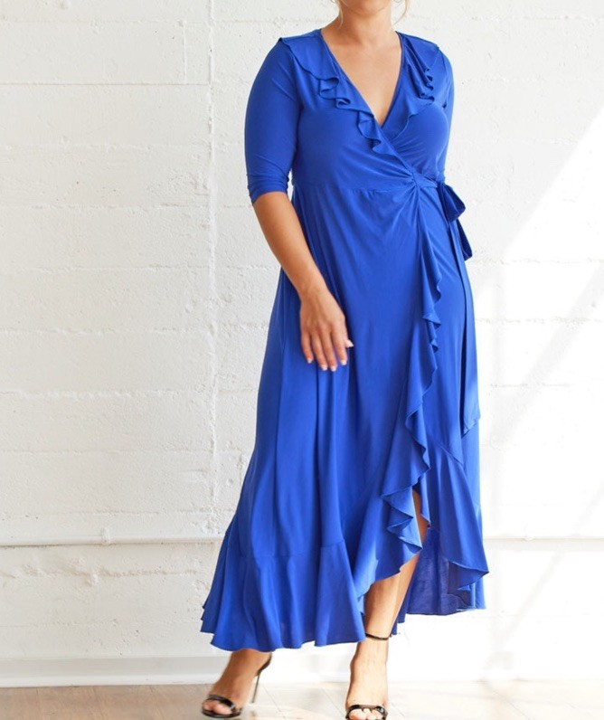 Kiyonna 4X Maritime Maxi Dress True Wrap Blue Stretch NWT