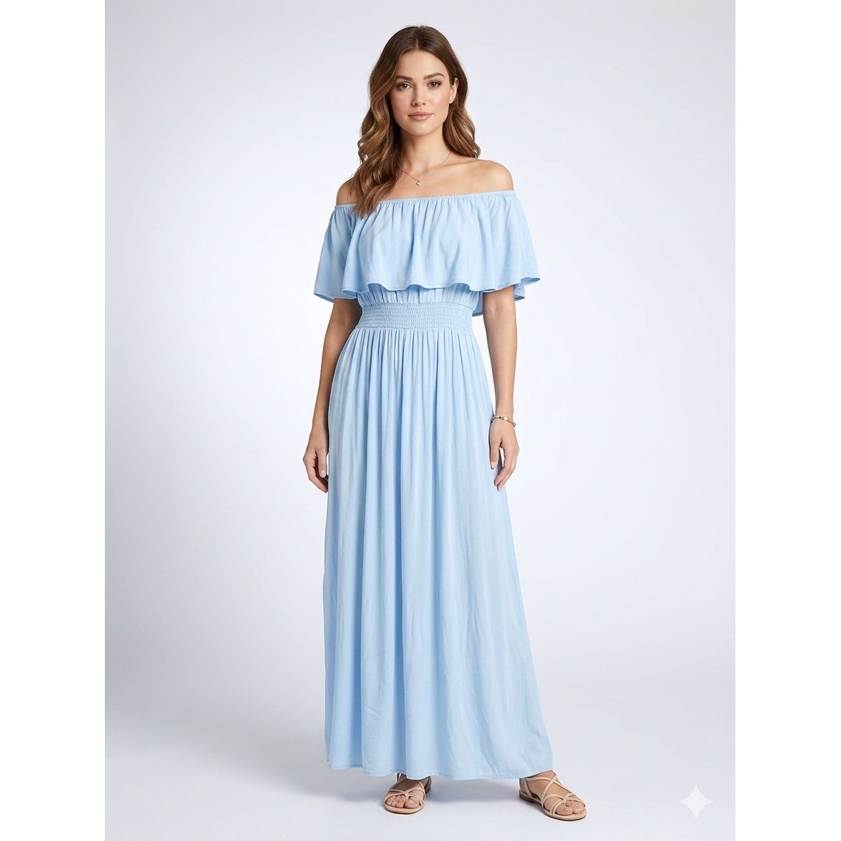 Auselily Light Blue Off The Shoulder Ruffle Maxi Dress Smocked Waist Size M NEW