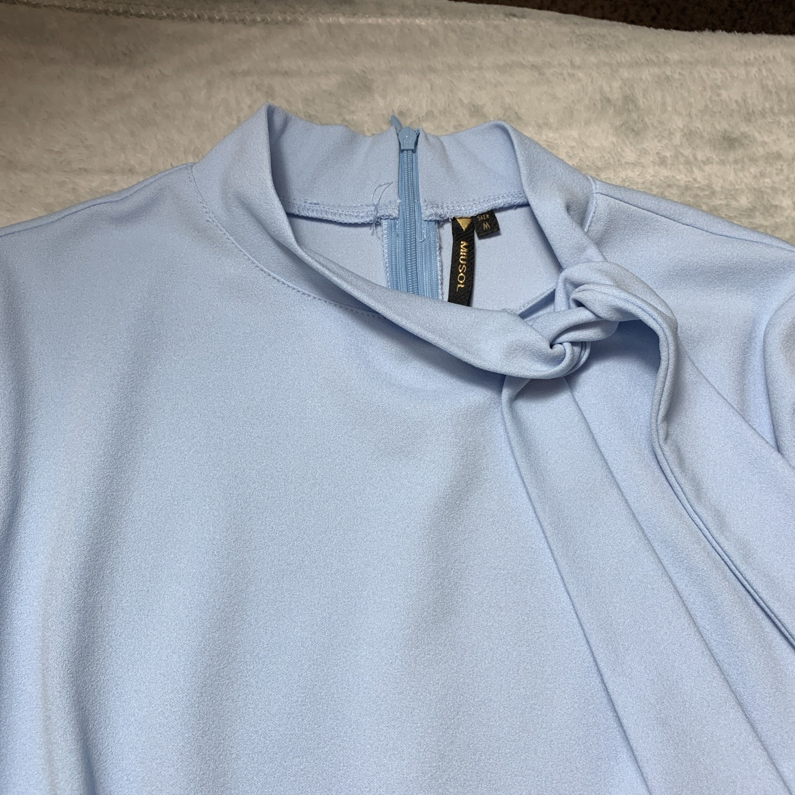 MIUSOL Classic Office wear, 3/4 Sleeve Dress Sky Blue Size M, tie neck