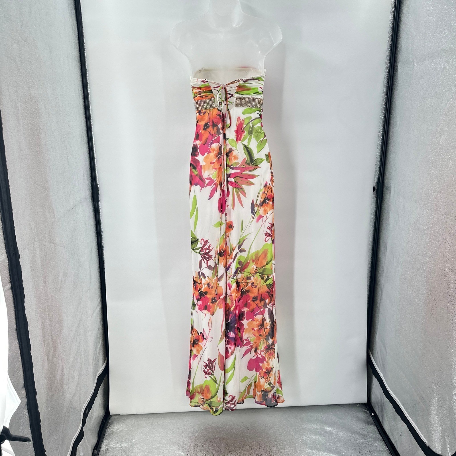 Cache Strapless Floral Print Maxi Dress size 2 Embellished Rhinestone Waist *
