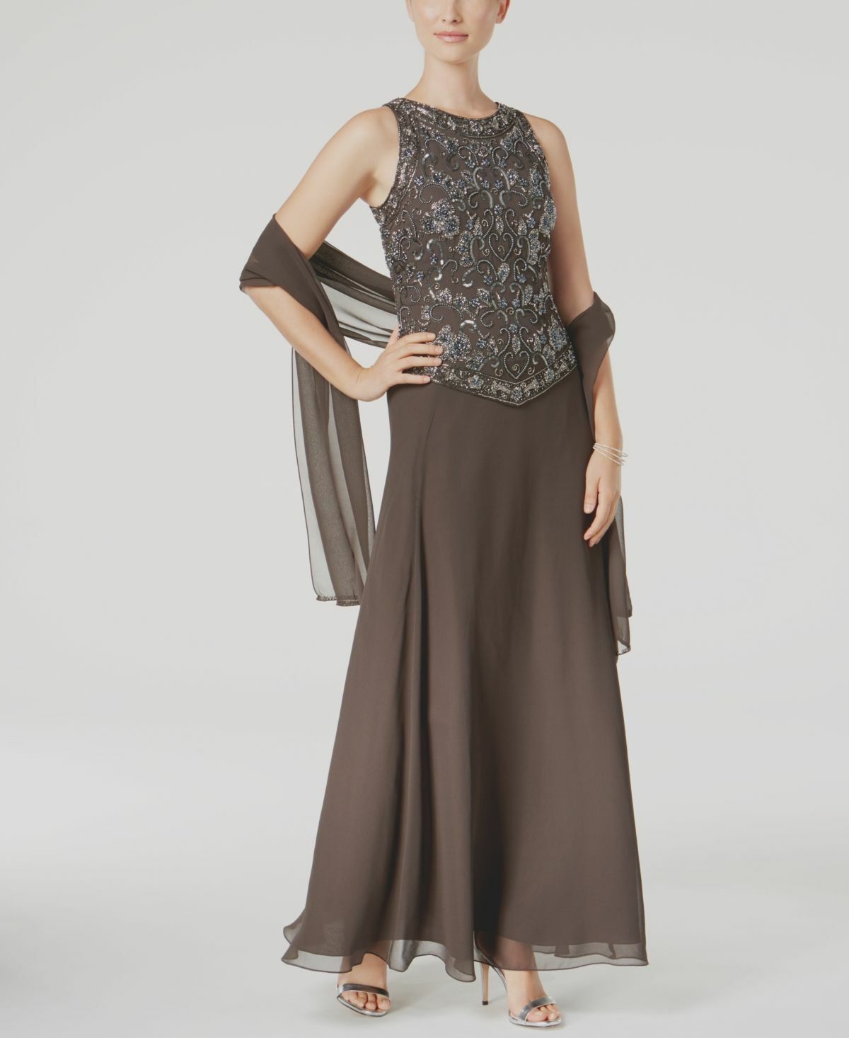 $339 Jkara Women’S Gray Beaded Sleeveless Crew-Neck Scarf & Formal Dress Size 8