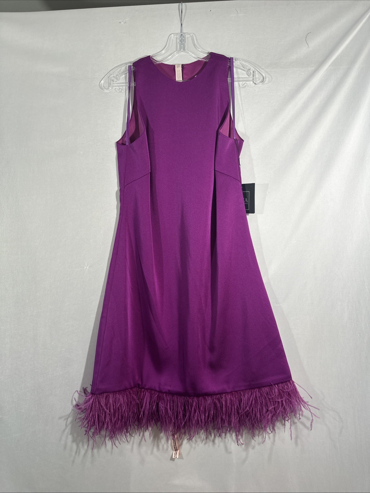 NWT IEENA Mac Duggal [ 2 ] 55805 Feathered Hem High Neck Trapeze Dress #U1531