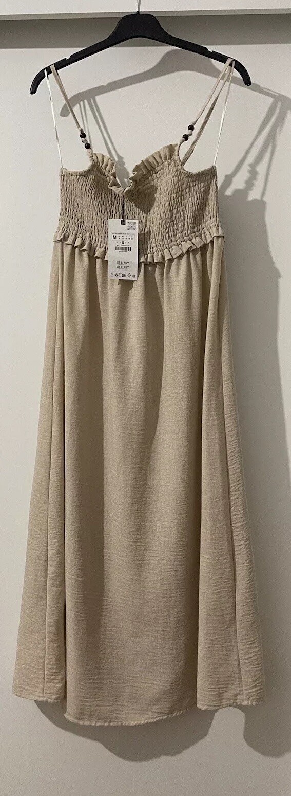 ZARA LIGHT CAMEL SMOCKED TOP THIN STRAPS MIDI DRESS SIZE M BNWT