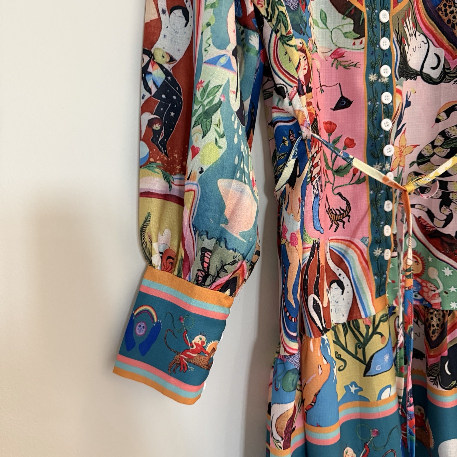 Multicolor Graphic Print Cotton Mini A-Line Long Sleeve Button Front Dress S/M