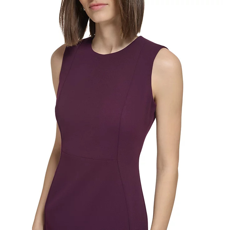 CALVIN KLEIN Seam Front Crew Neck Scuba Crepe Sleeveless Sheath Dress, 2 Purple