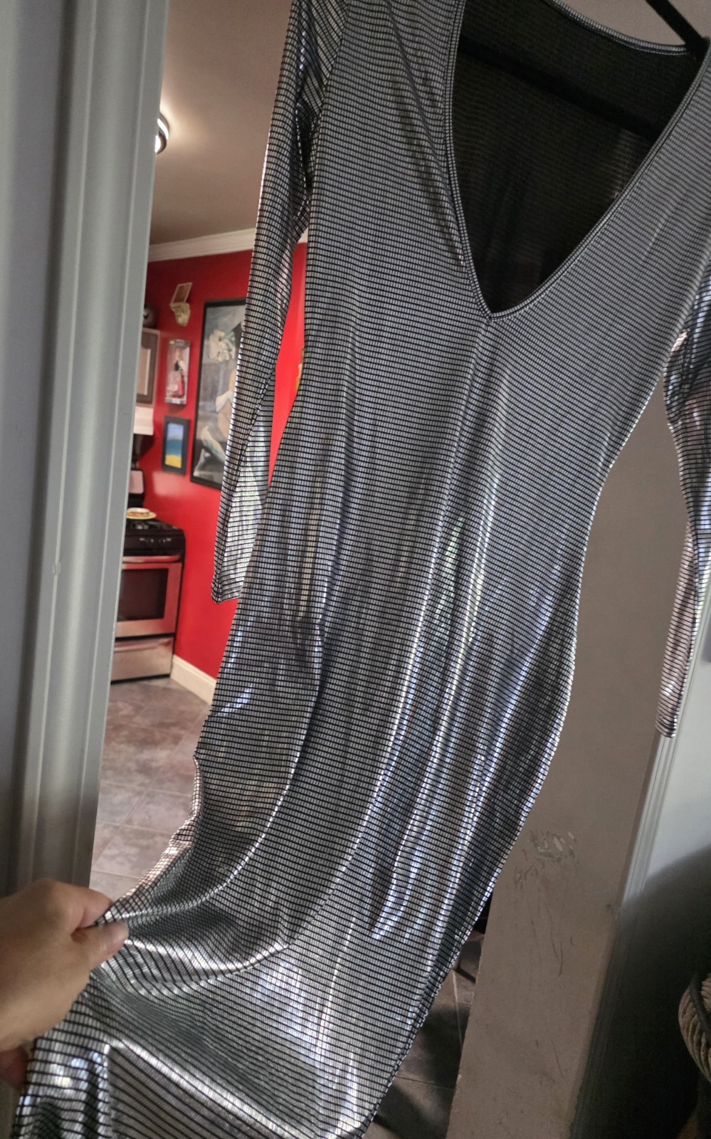 Sexy Silver Shiny Discoball Pattern Deep V Dress Size Small