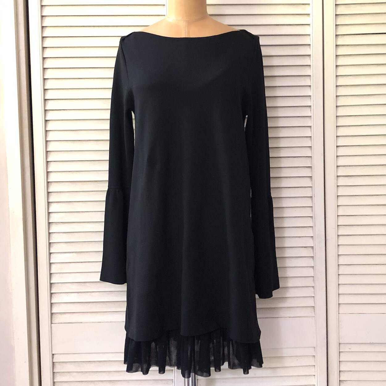 Zara Knit Womens Dress Small Black Bell Sleeve Boatneck Ruffle Business Party