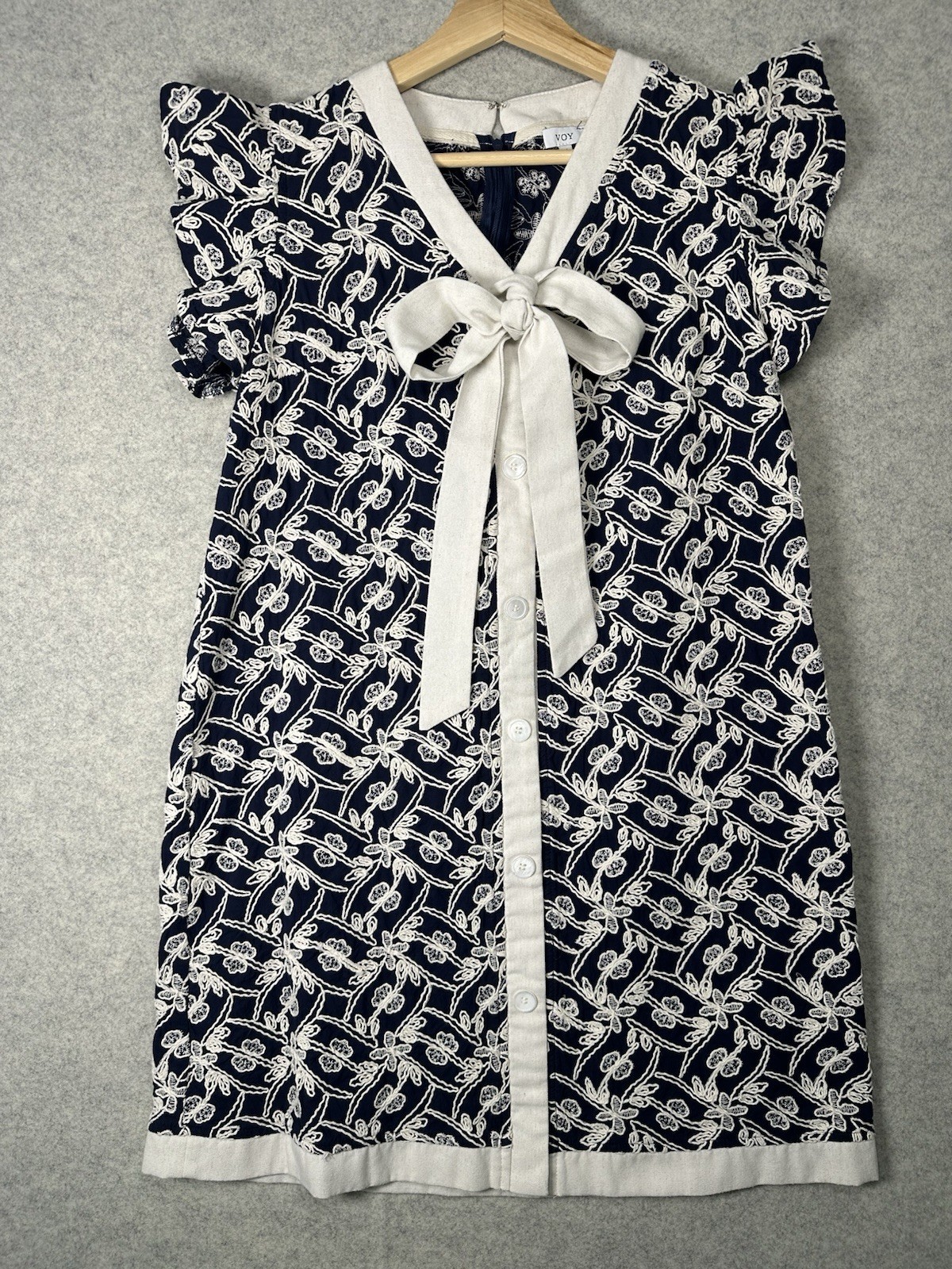 VOY Navy White Embroidered Ruffle Sleeve Ribbon Cotton Dress M