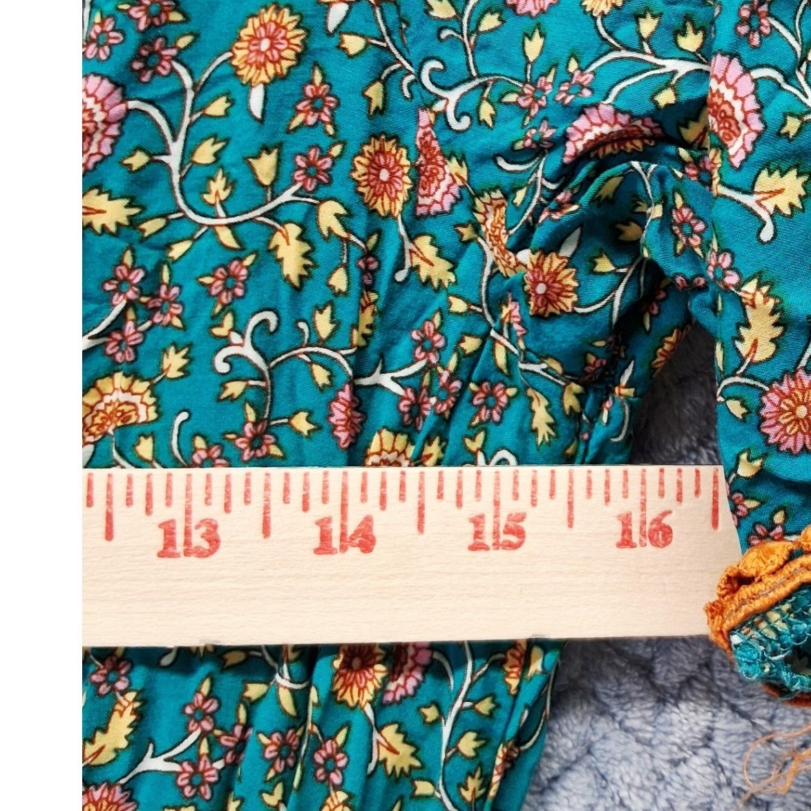 R. Vivimos Teal Floral Boho Maxi Dress Short Sleeve Tassel Pom Trim Size M 8/10