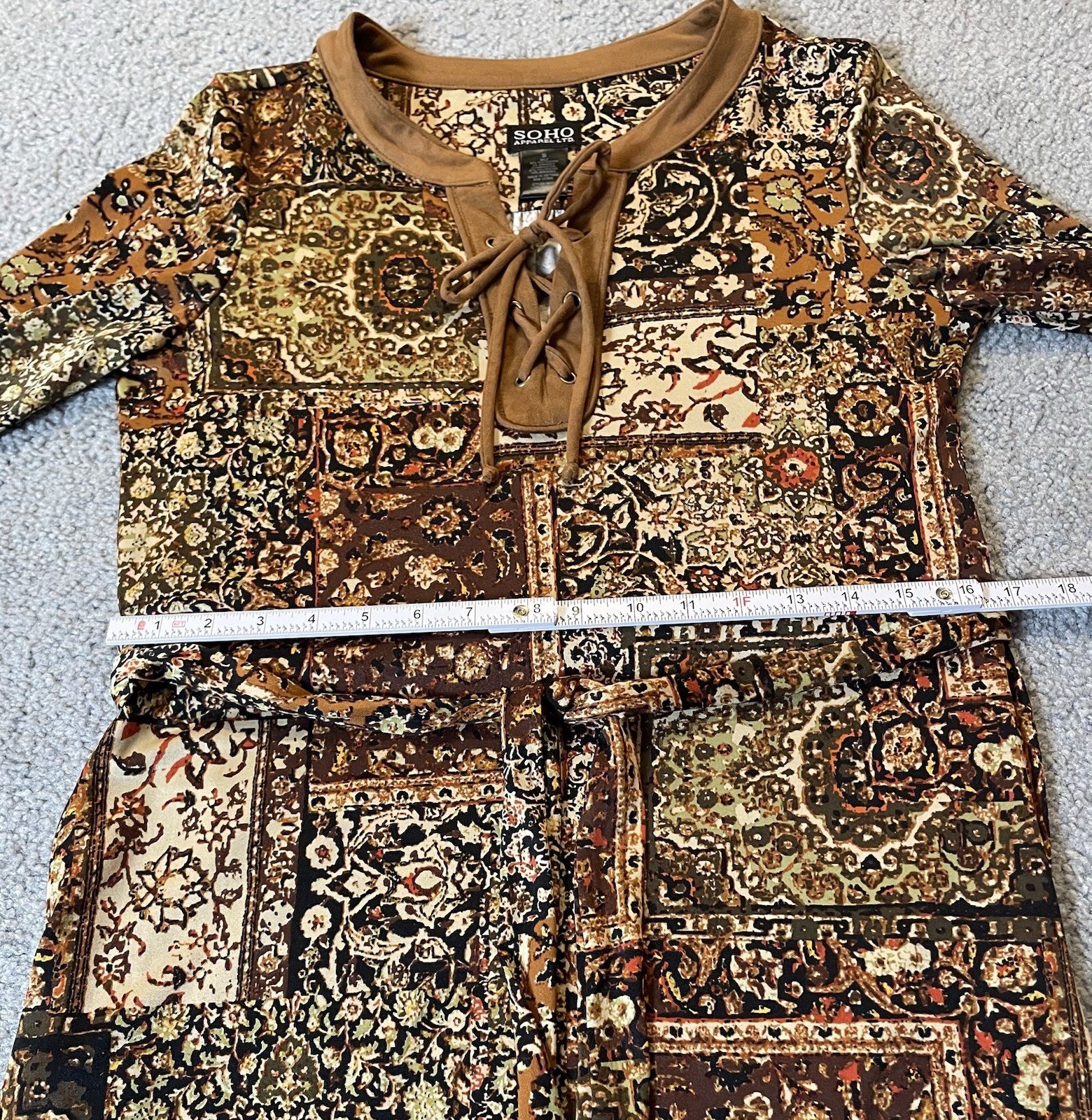 Soho Apparel Ltd Floral Dress S Belted Brown Ivory Front Tie Boho Classic City