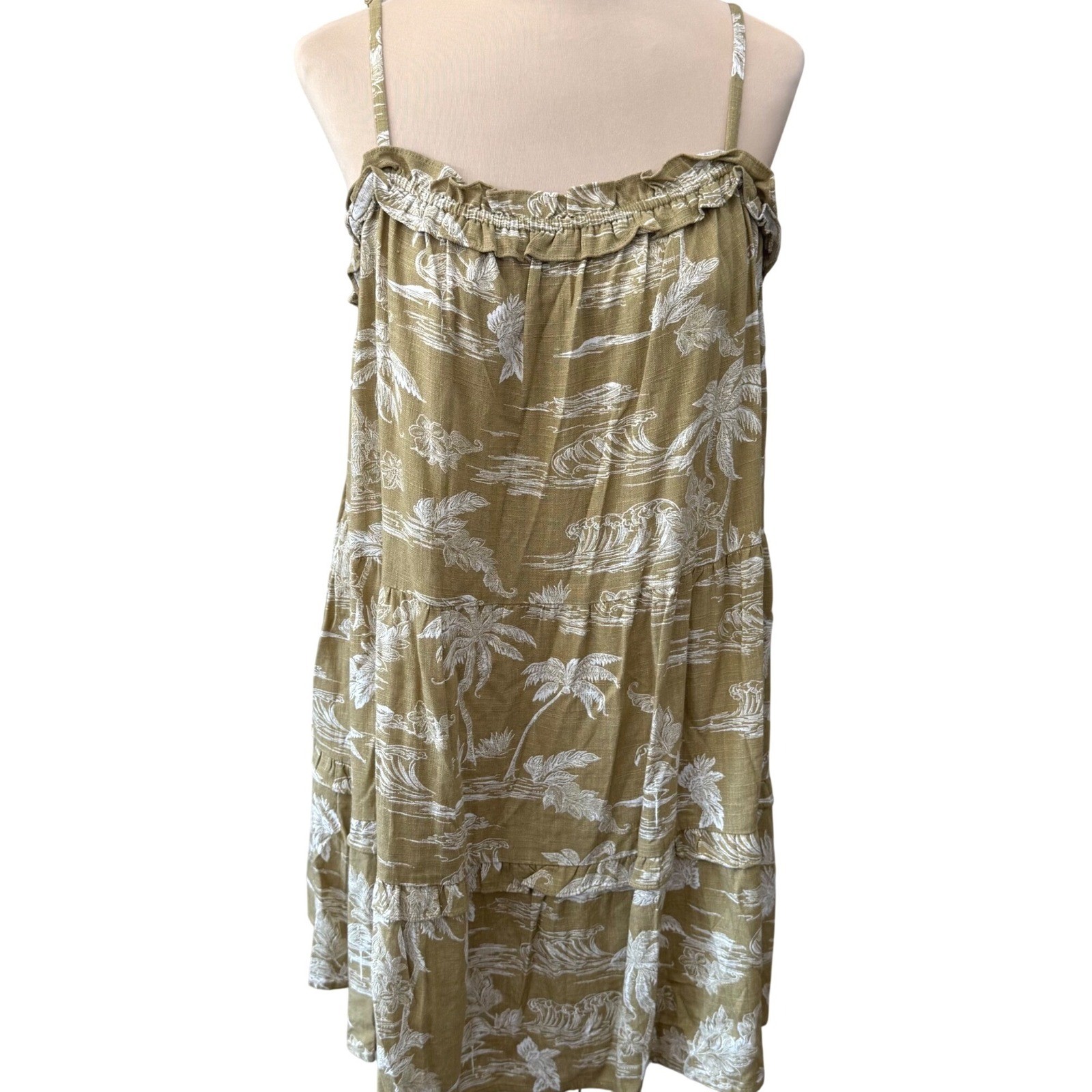 a.n.a. Linen Blend Tropical Midi Dress XXL Palm Print Ruffle Beach Coastal