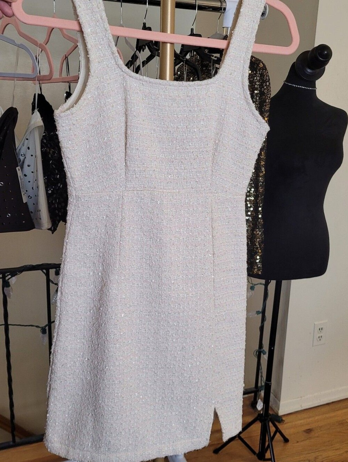 Thirty Thirty LA Classic Pink & Cream Tweed Sleeveless Mini Dress Size XL NWT