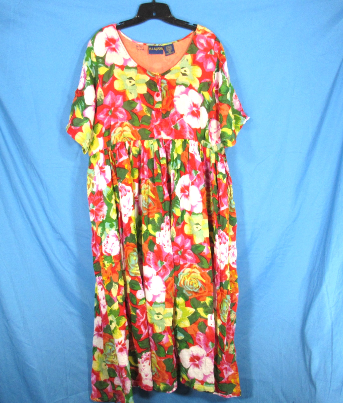 MS. MODA Thin COTTON Multicolor TROPICAL PRINT 1/4 Button MAXI SHIRT DRESS Sz 1X