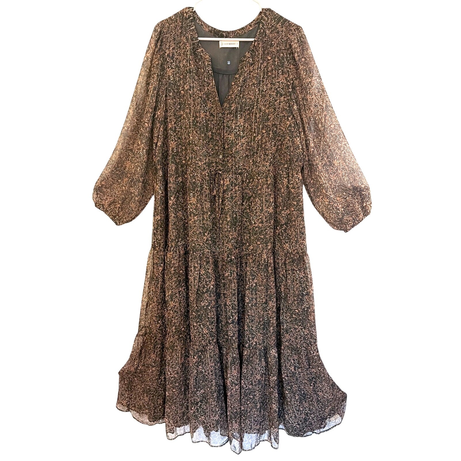 Lucky Brand Printed Shine Maxi Dress XL Brown Tiered Western Edgy Grunge-lite