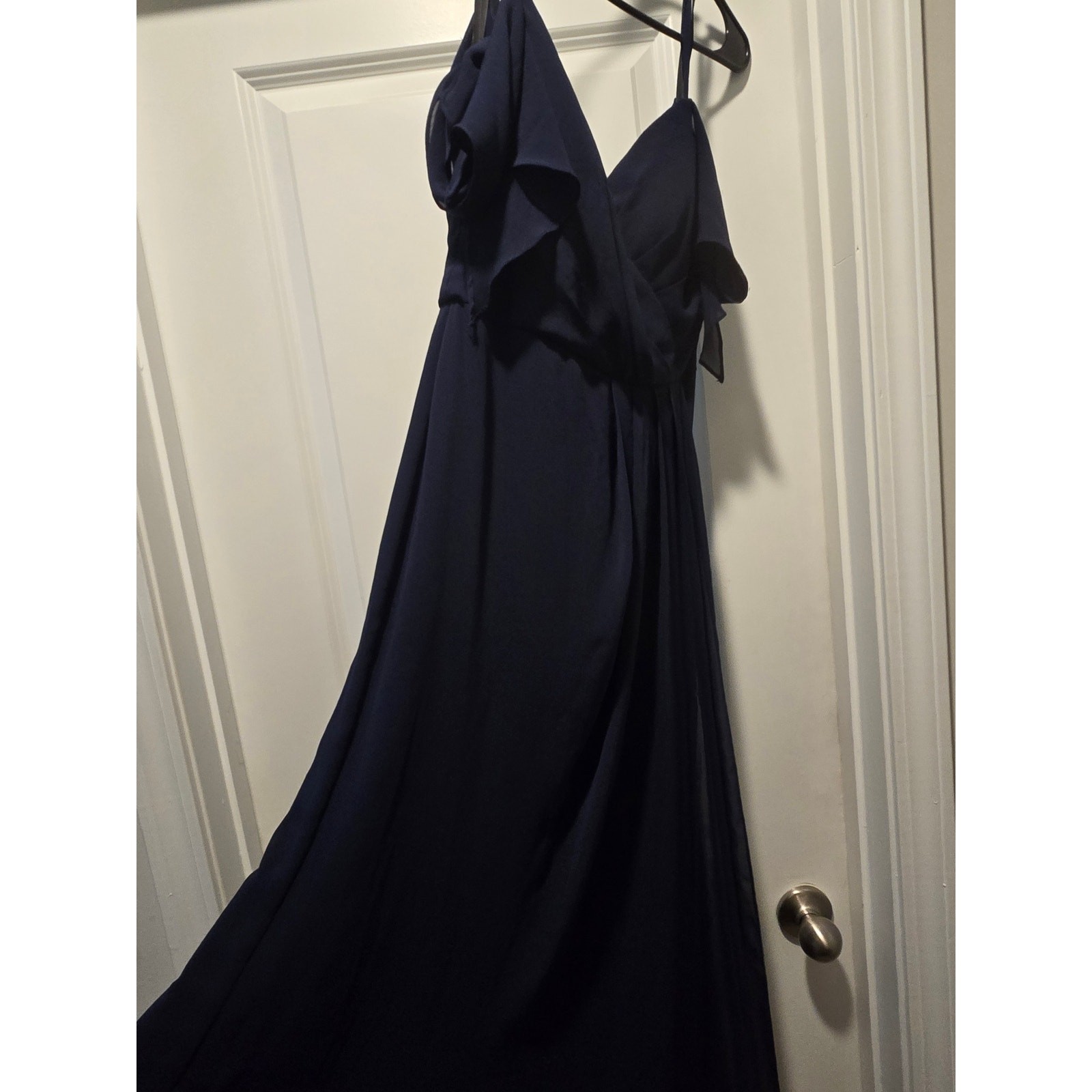 NWOT Watters & Watters Navy Chiffon Ruffle Maxi Bridesmaid Formal Evening Gown