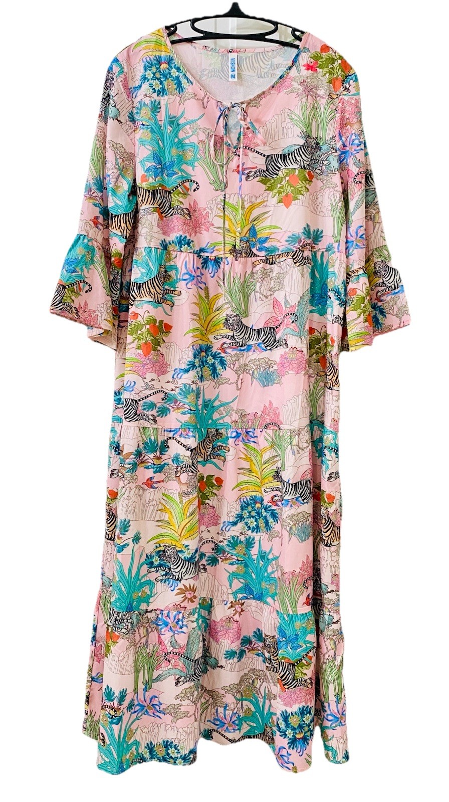VIISHOW Tropical Maxi Pink Tiger Dress tie V-neck Flare Bell Sleeves Sz Medium
