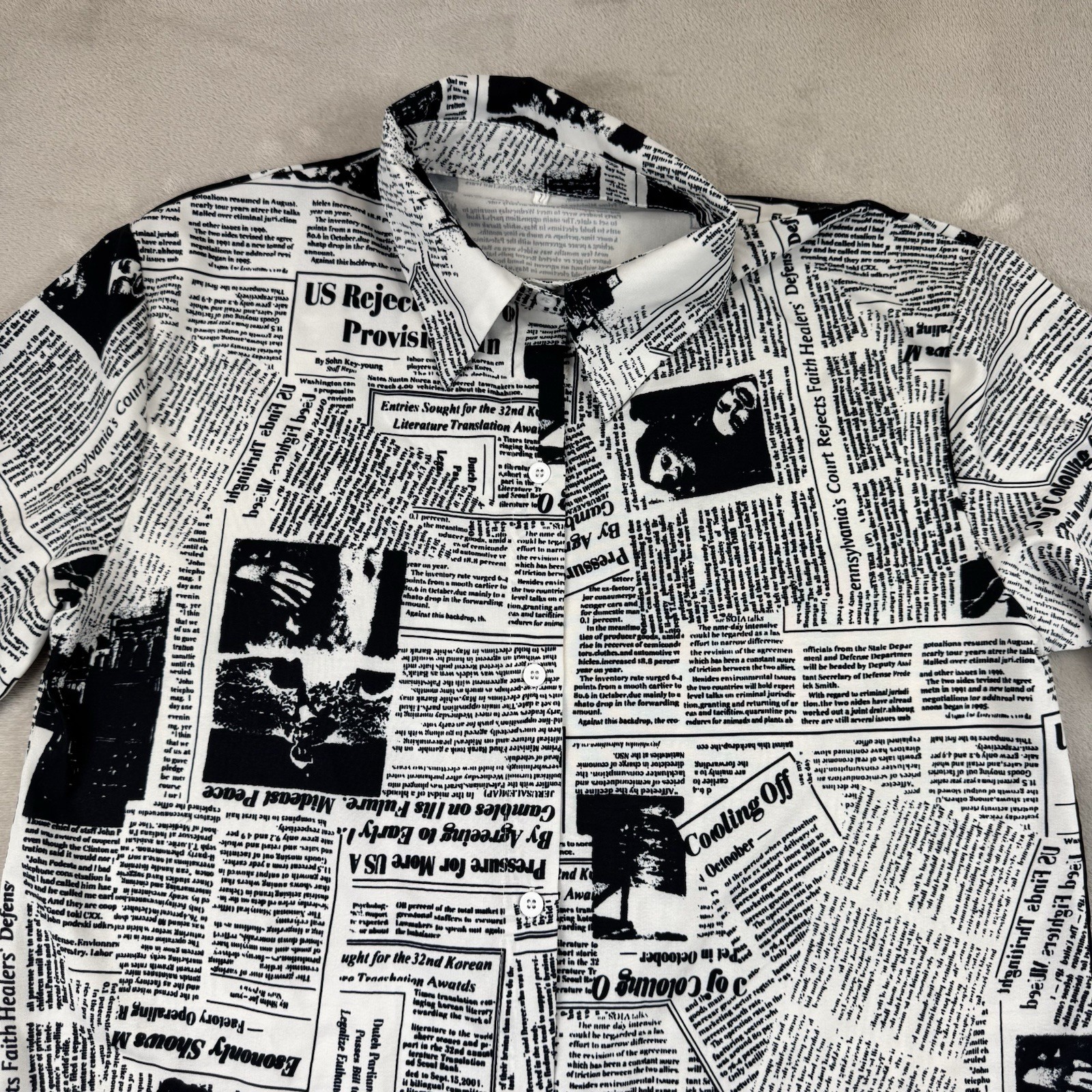 Vintage Newspaper Print Longline Button Down Shirt Dress White Black