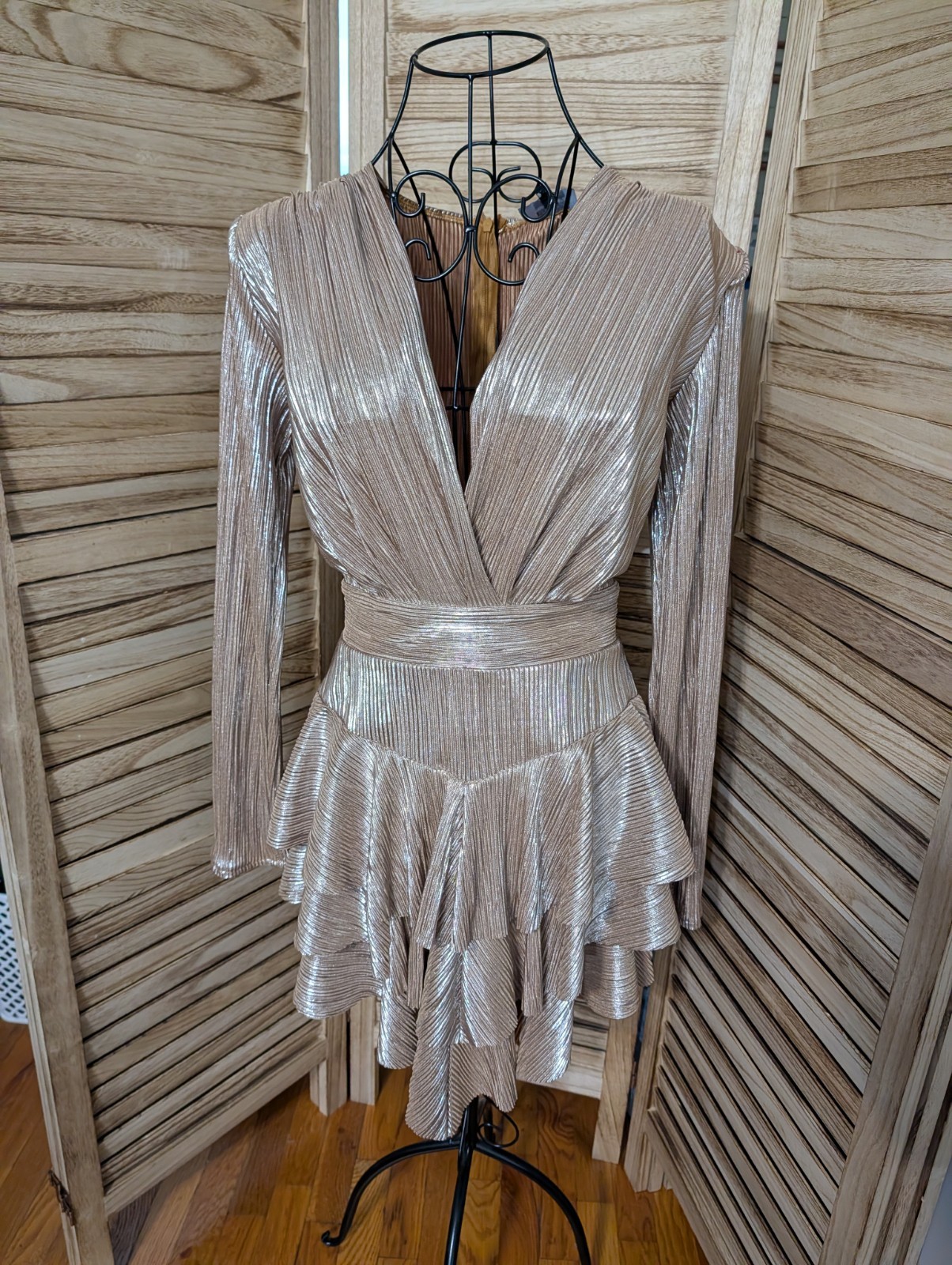 NEW Bluzat Gold Lame Metallic Mini Dress sz X-Small Party Orig $180