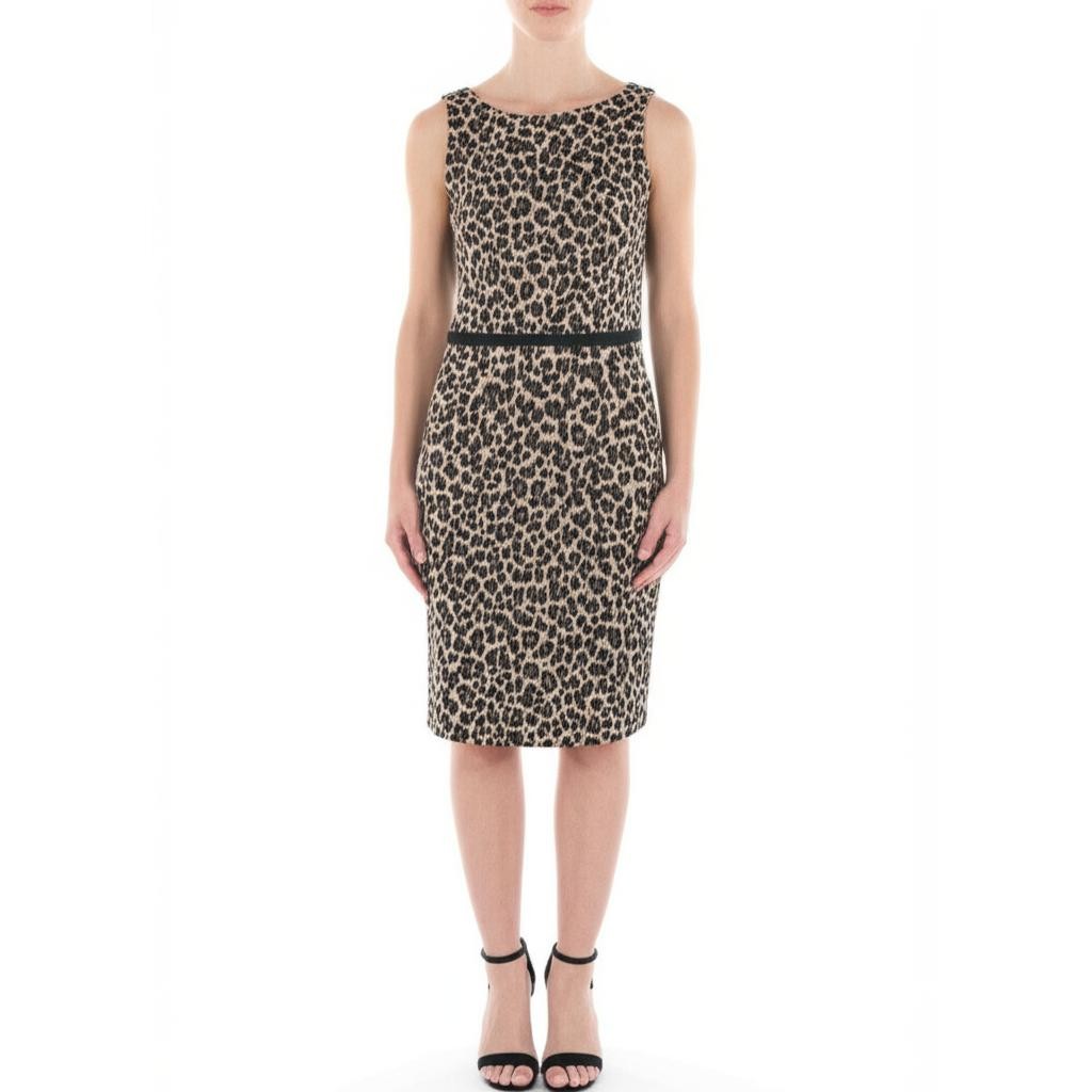 ANN TAYLOR LOFT Womens 10P Leopard Print Sleeveless Dress Black Trim Kick Pleat