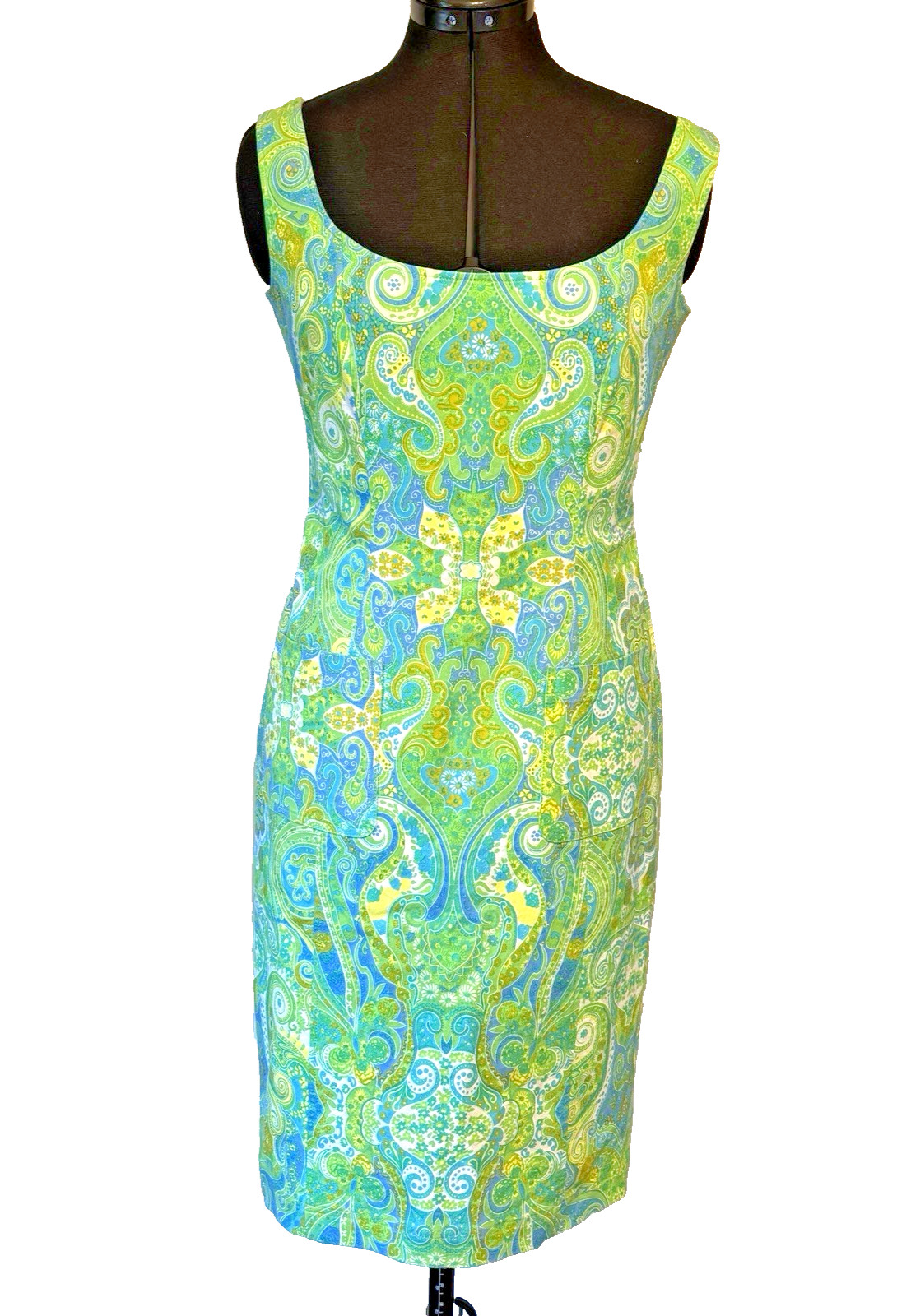 Escada Women’s EU40/US8 Dress Back Ribbon Detail Blue Green Sleeveless Cotton