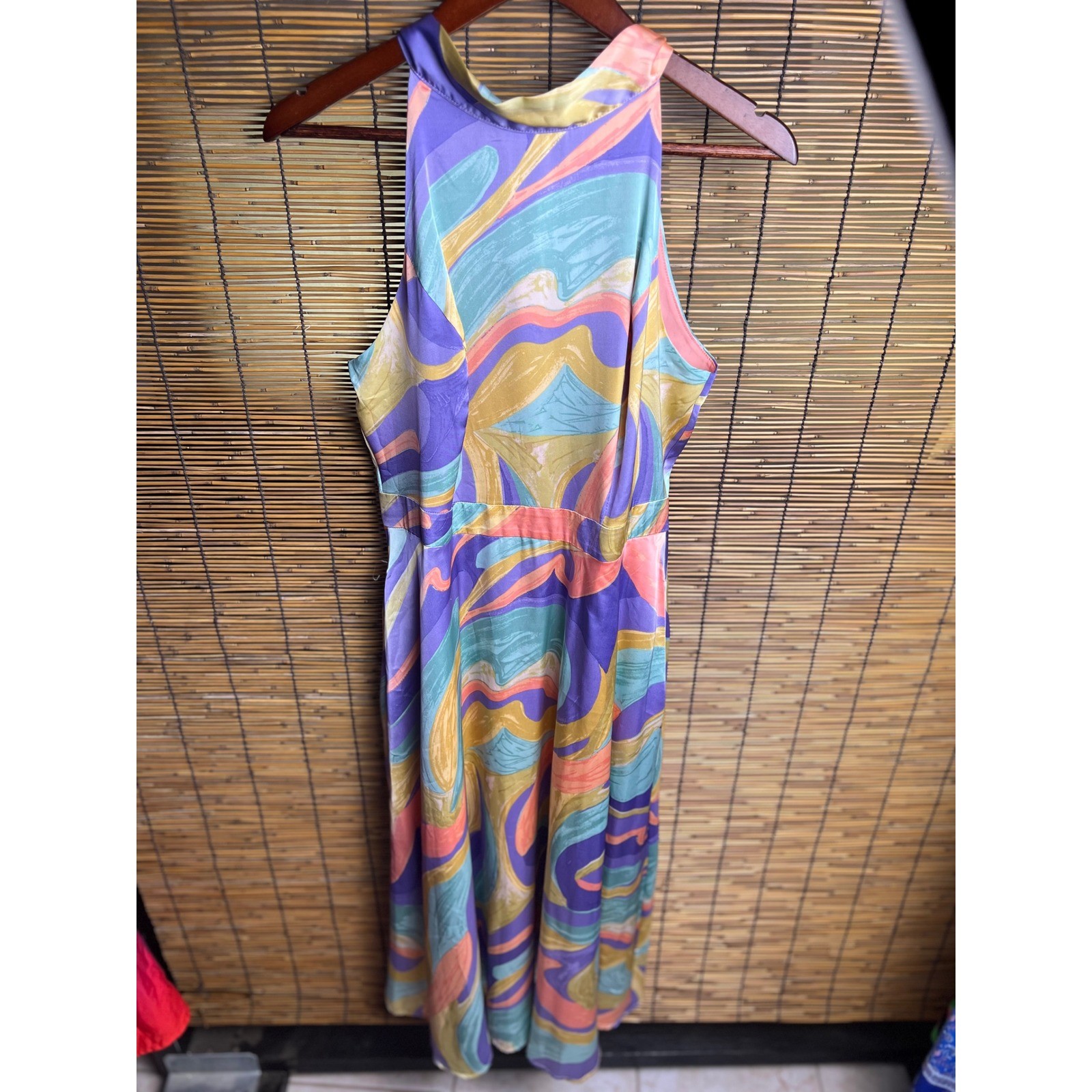Tahari ASL Women 10 Abstract Swirl Halter Neck Midi Dress Purple Blue Satin Tie