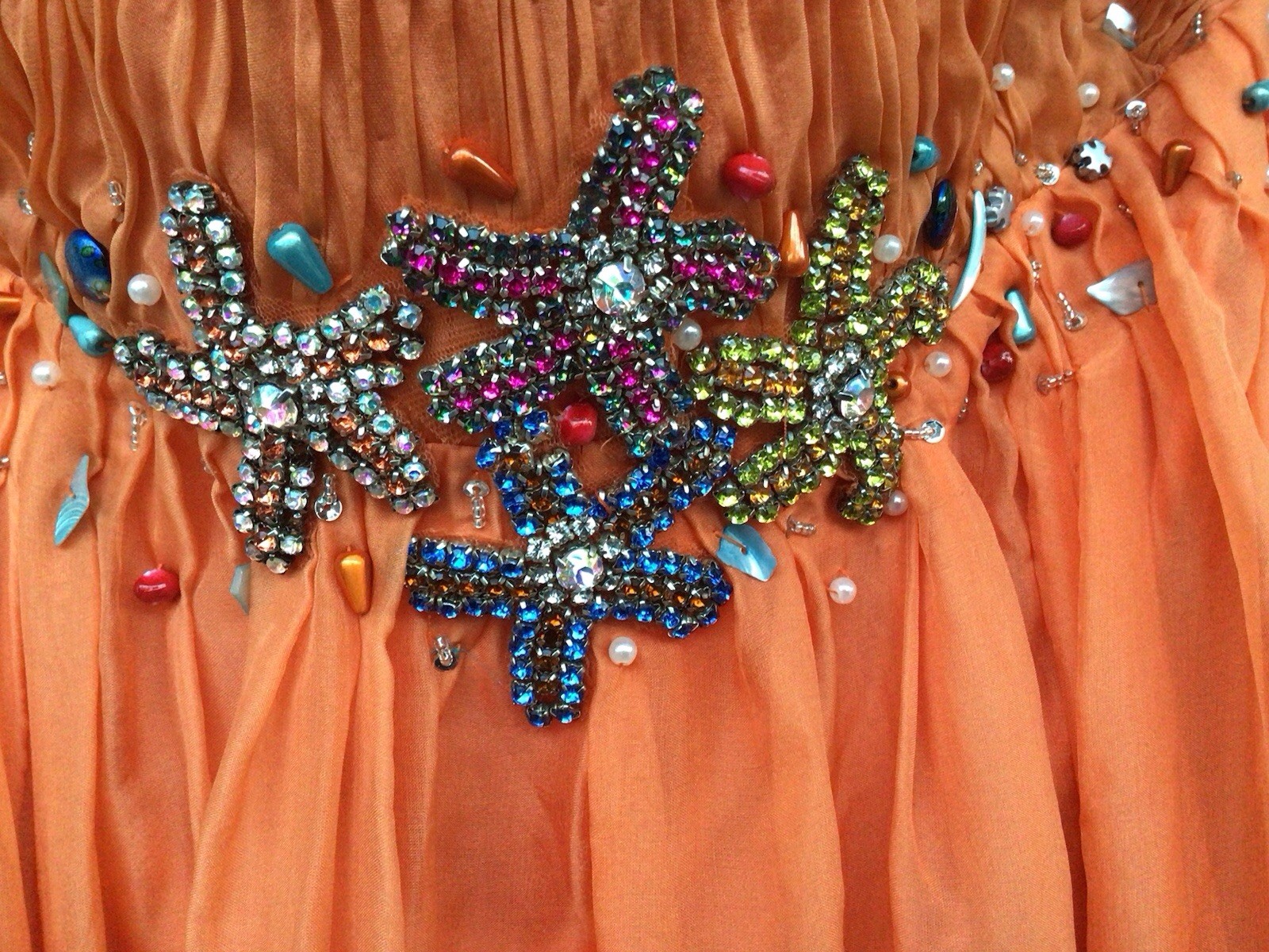 Morrell Maxie NWT’s Beaded Seashell Orange Sleeveless Maxi Silk Dress Sz. 10.