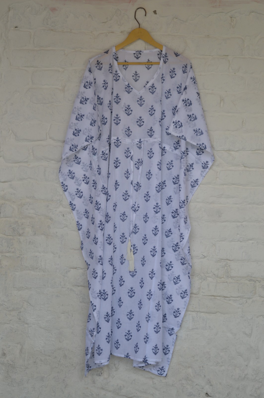 TARRIF FREE✅0%CHARGE Hand Printed Long Kaftan 100%Cotton 52 Inches Dress KF-47
