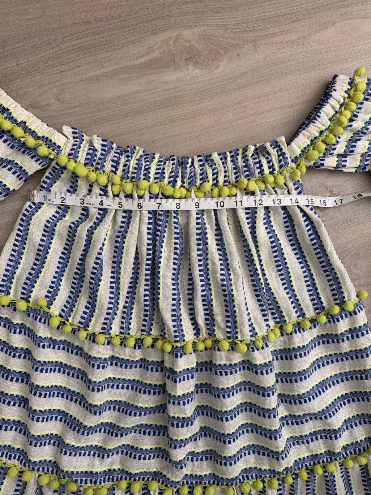 Anthropologie White Blue Green Striped Off Shoulder Pom-Pom Cotton Mini Dress S