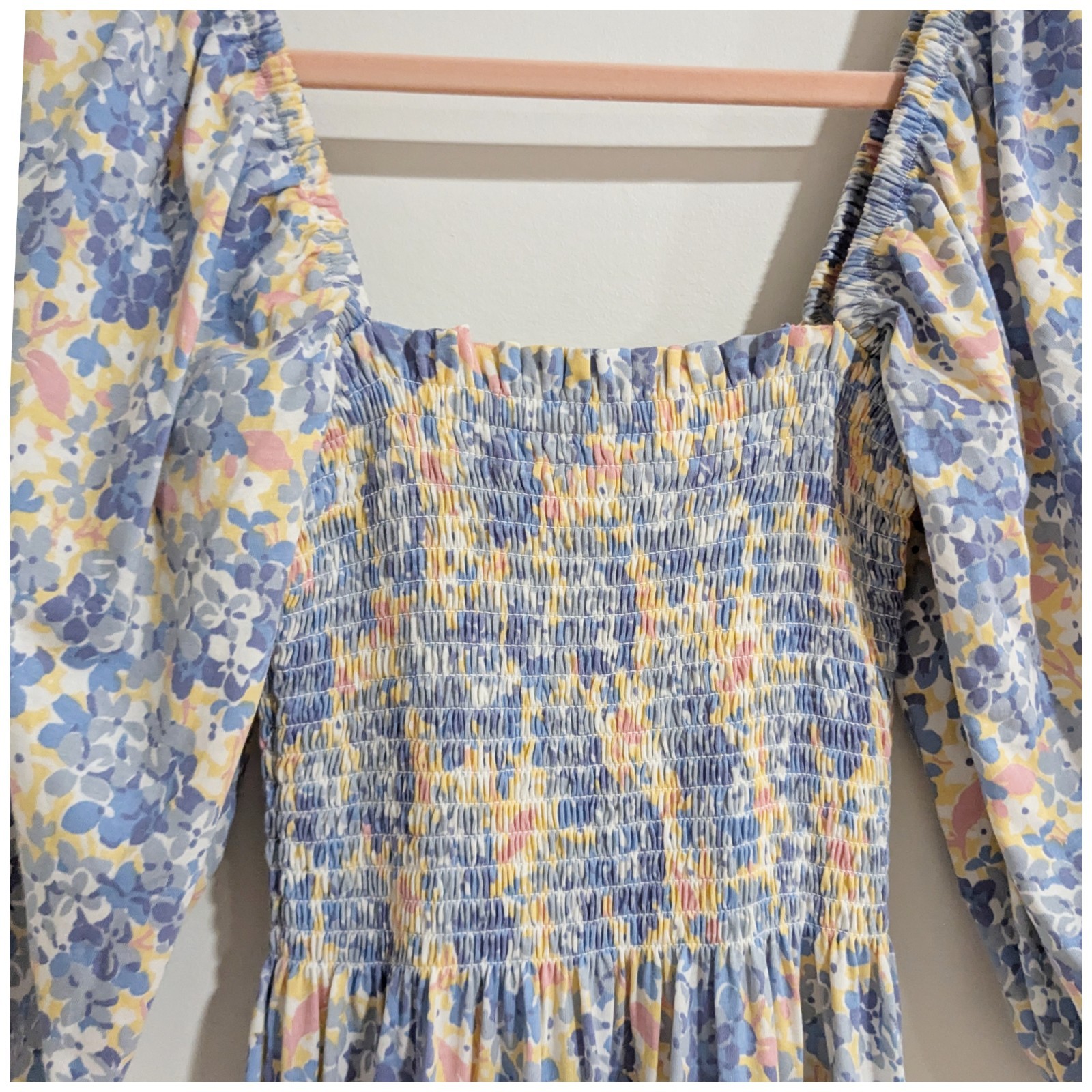 Polo Ralph Lauren Floral Shirred Cotton-Blend Midi Dress Blue Yellow Womens XXS