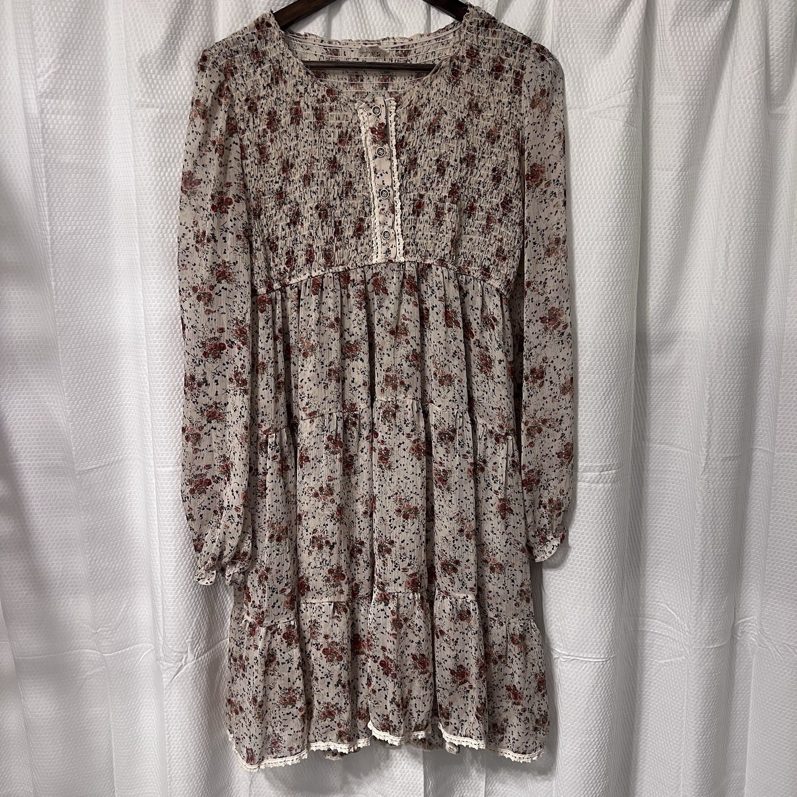POL Dress Bohemian Smocked Button Ivory Floral Peasant Feminine L Lace Cottage