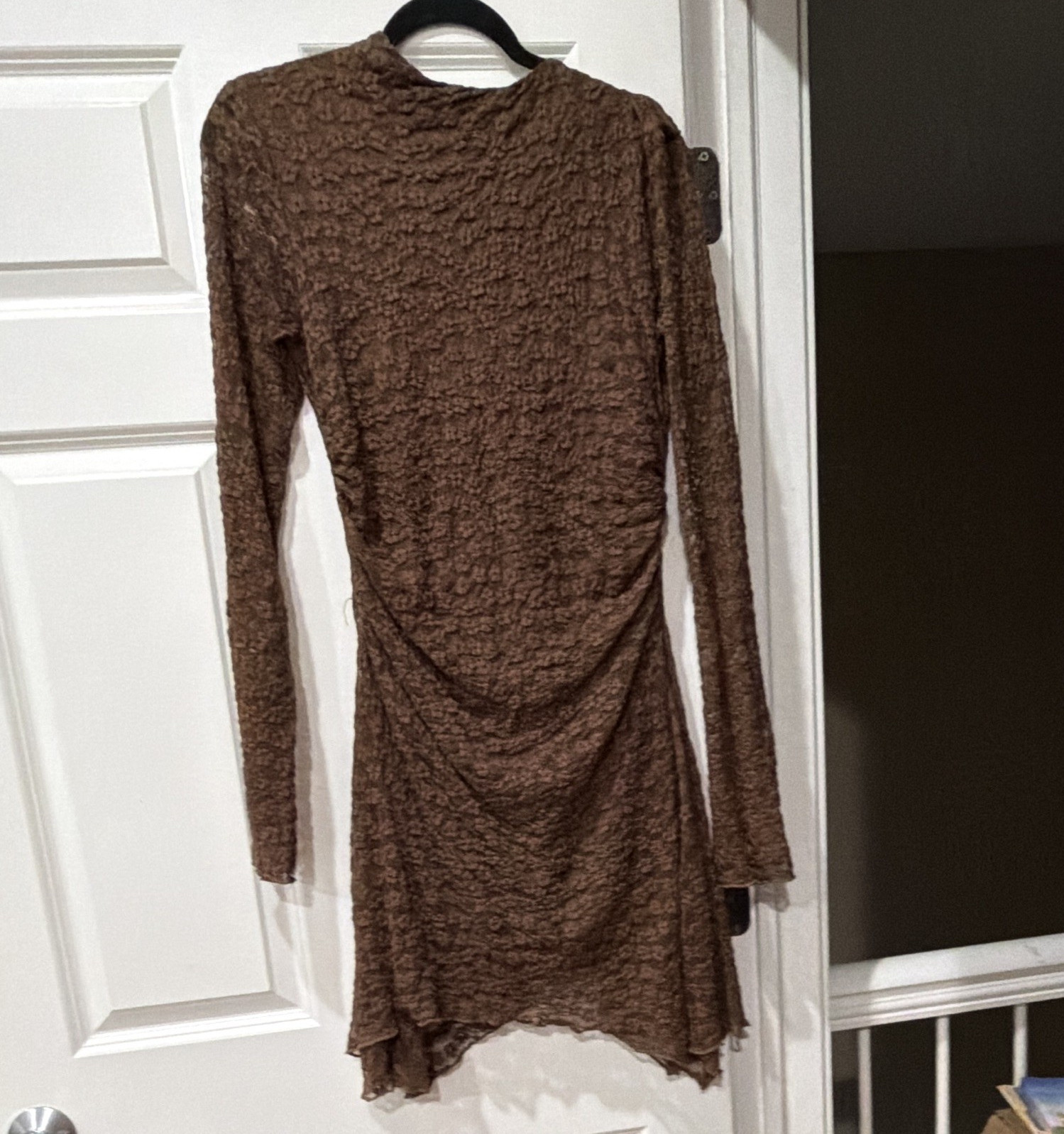 Mustard Seed Brown Lace Ruffle Mini Dress L Round Neck Long Sleeve Pullover