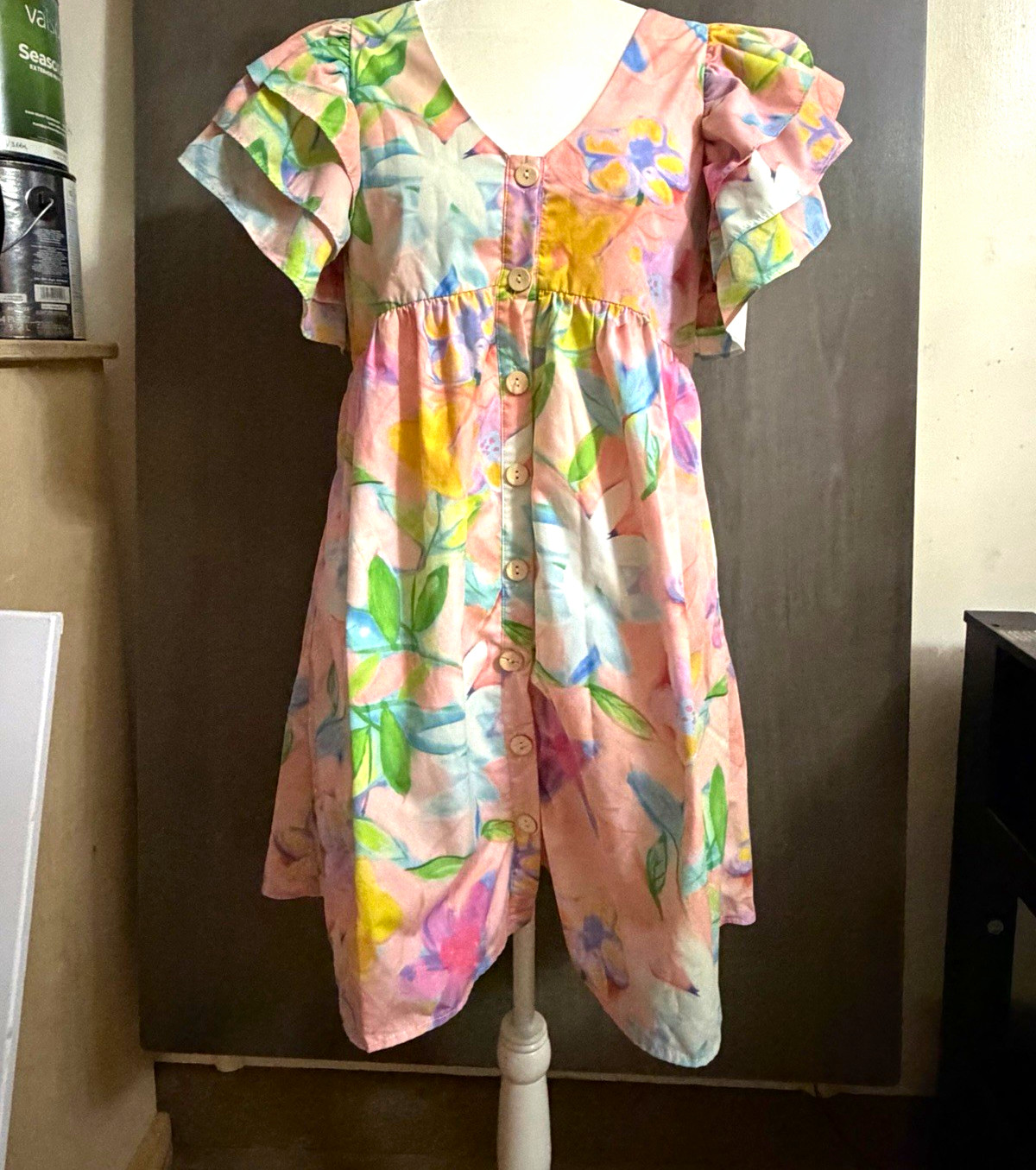 TCEC Women’s L Pink Floral V-Neck Ruffle Sleeve A-Line Short Button Dress